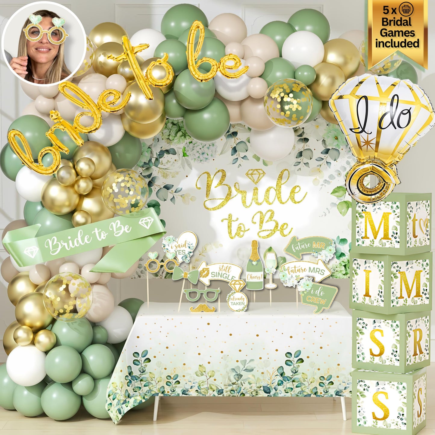 190 Pieces Bachelorette Party Decorations, Bridal Shower Decoration, Sage Green Wedding Shower Decorations 2 in 1 - Balloon Garland Bow and Boxes