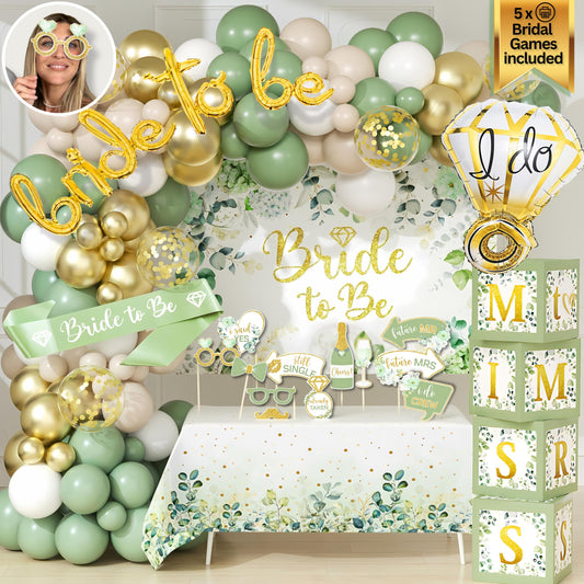 190 Pieces Bachelorette Party Decorations, Bridal Shower Decoration, Sage Green Wedding Shower Decorations 2 in 1 - Balloon Garland Bow and Boxes