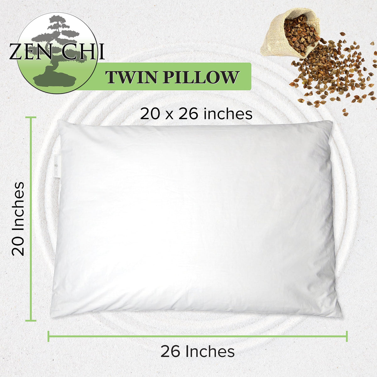 Buckwheat Pillow - Organic Twin Size (20"X26") w Natural Cooling Technology- All Cotton Cover - Keep Cool Effect Comfortable Sleep, Adjusts to Contours of Neck & Head