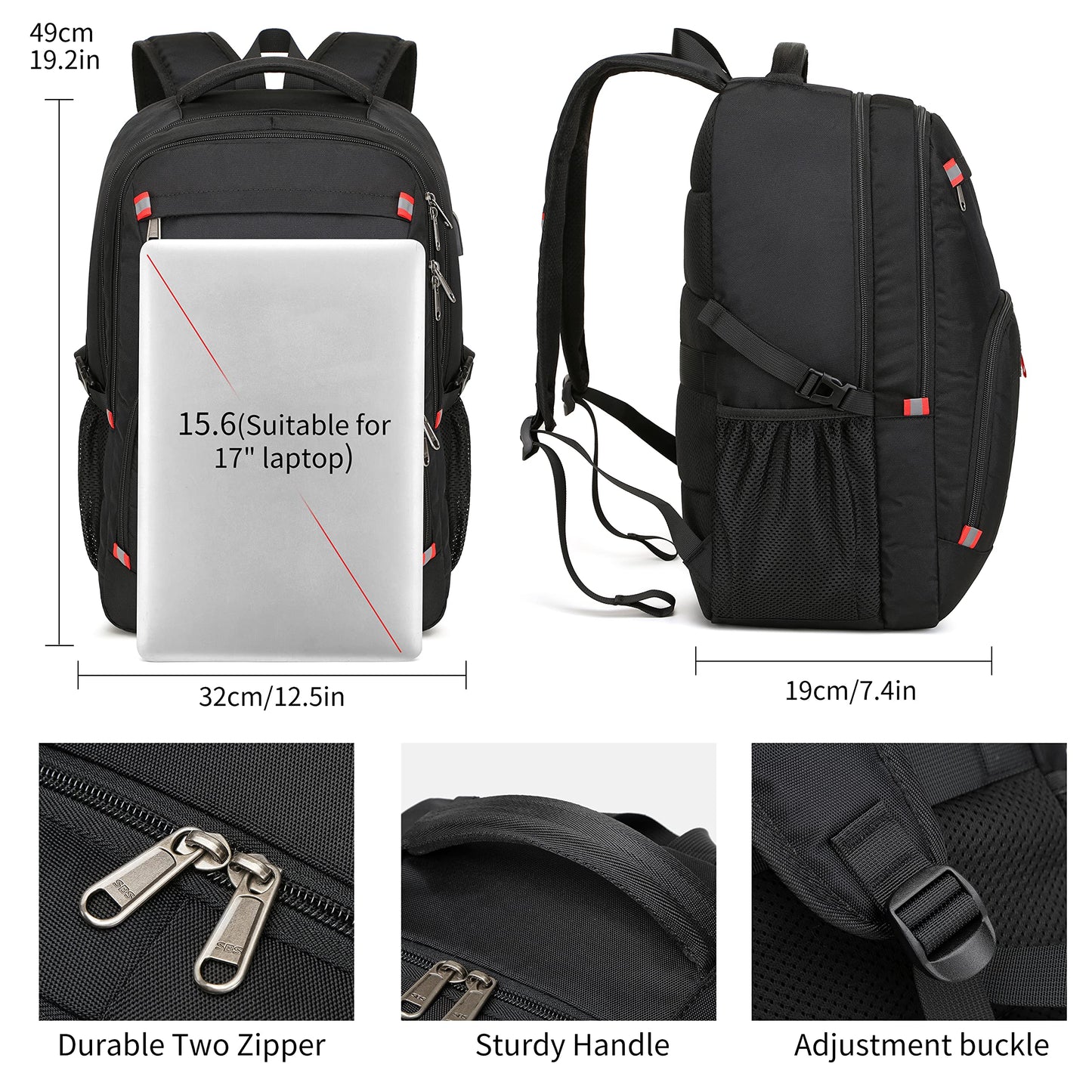 Backpack for Men and Women,School Backpack for Teens,17.3 inch Travel Laptop Backpack,Water Resistant College Bookbag Sturdy Computer Rucksack,Business Casual Daypack,Black