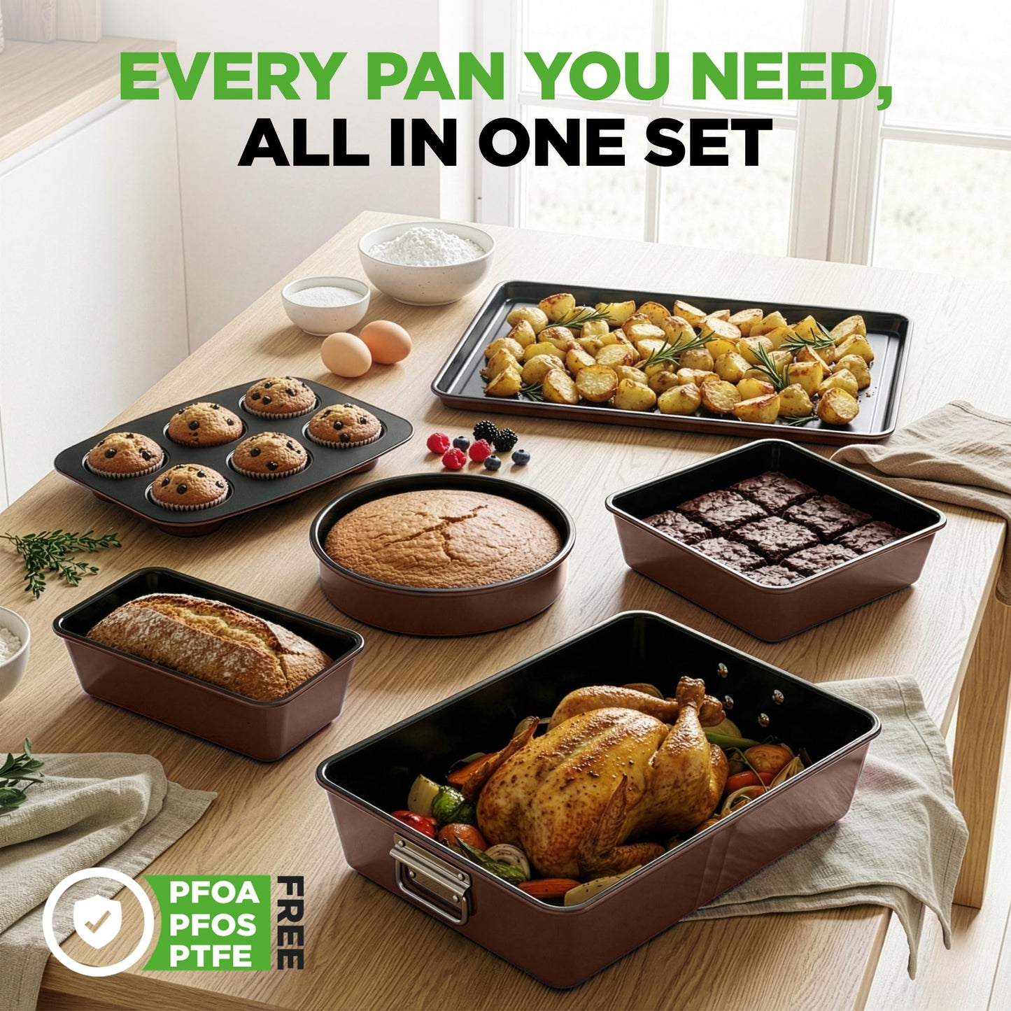 NutriChef 8-Piece Nonstick Bakeware Set – Stackable Baking Pans & Oven Trays, Durable Steel, Easy to Clean, Stylish Kitchen Baking Supplies for Cakes, Muffins & More (Brown)