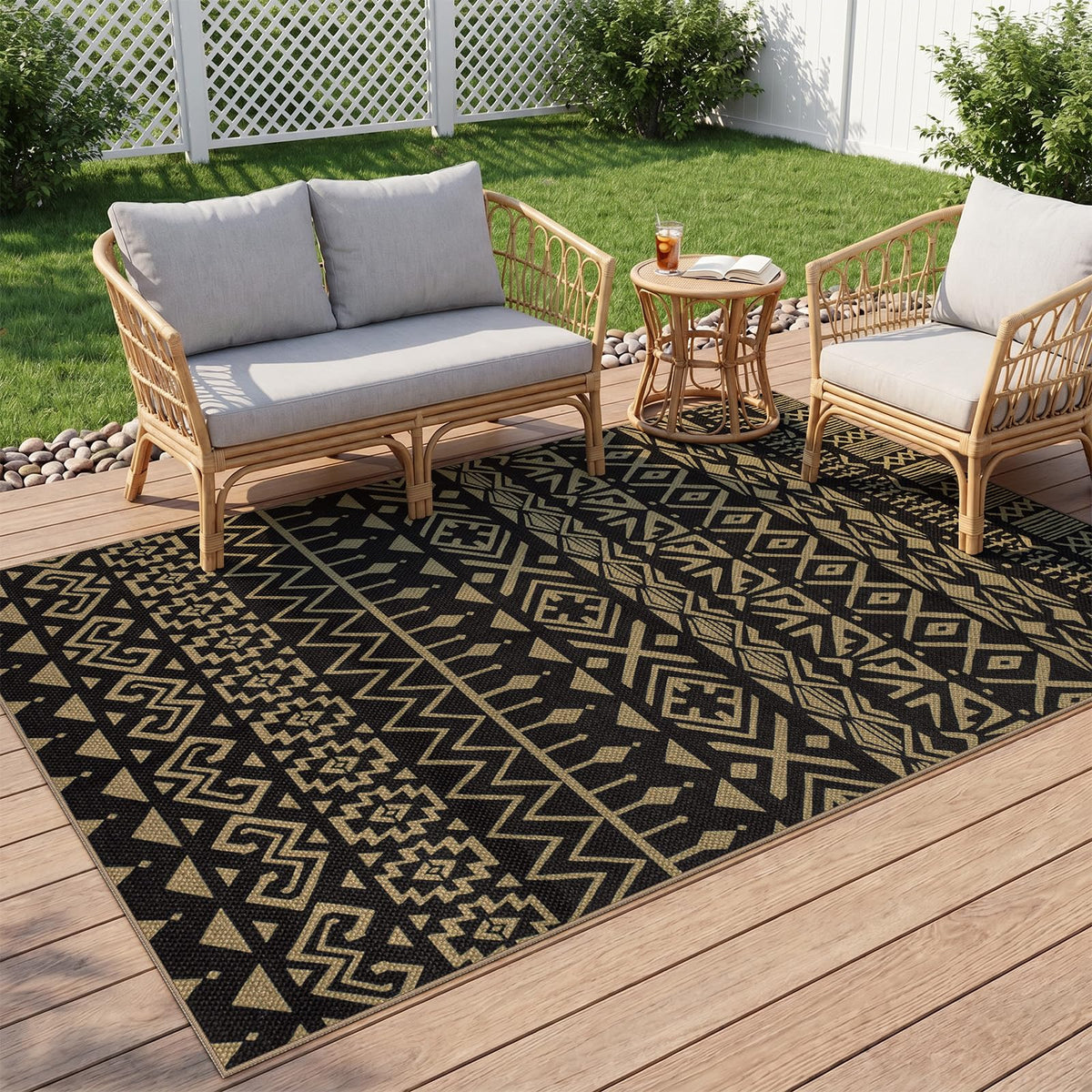Outdoor Rug 3x5, Washable Non Slip Easy Jute Rug, Black Tribal Stripe Totem Indoor Outdoor Carpet for Outside Entryway, Patio, Balcony, Deck and Backyard,Tapis Exterieur