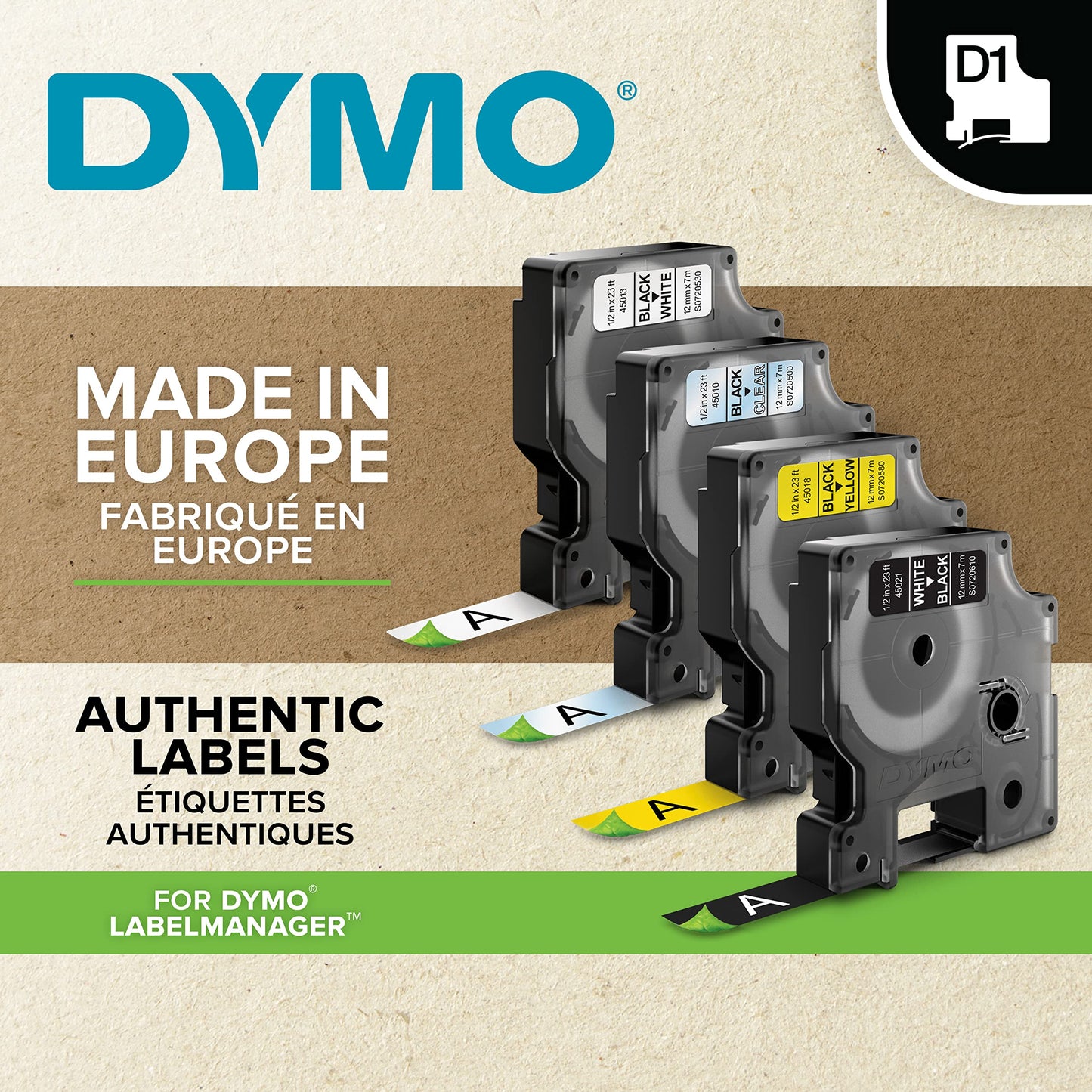 DYMO D1 Labels for LabelManager Label Makers, Black Print on White, 1/2-Inch x 23-Foot Rolls, Self-Adhesive, 4 Count
