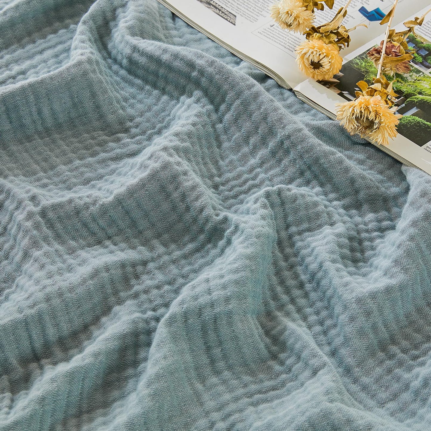 EMME Cotton Muslin Queen Blanket Bed Layering Bedspread Coverlet Breathable Gauze Soft Lightweight (Heather Teal, 90"x90")