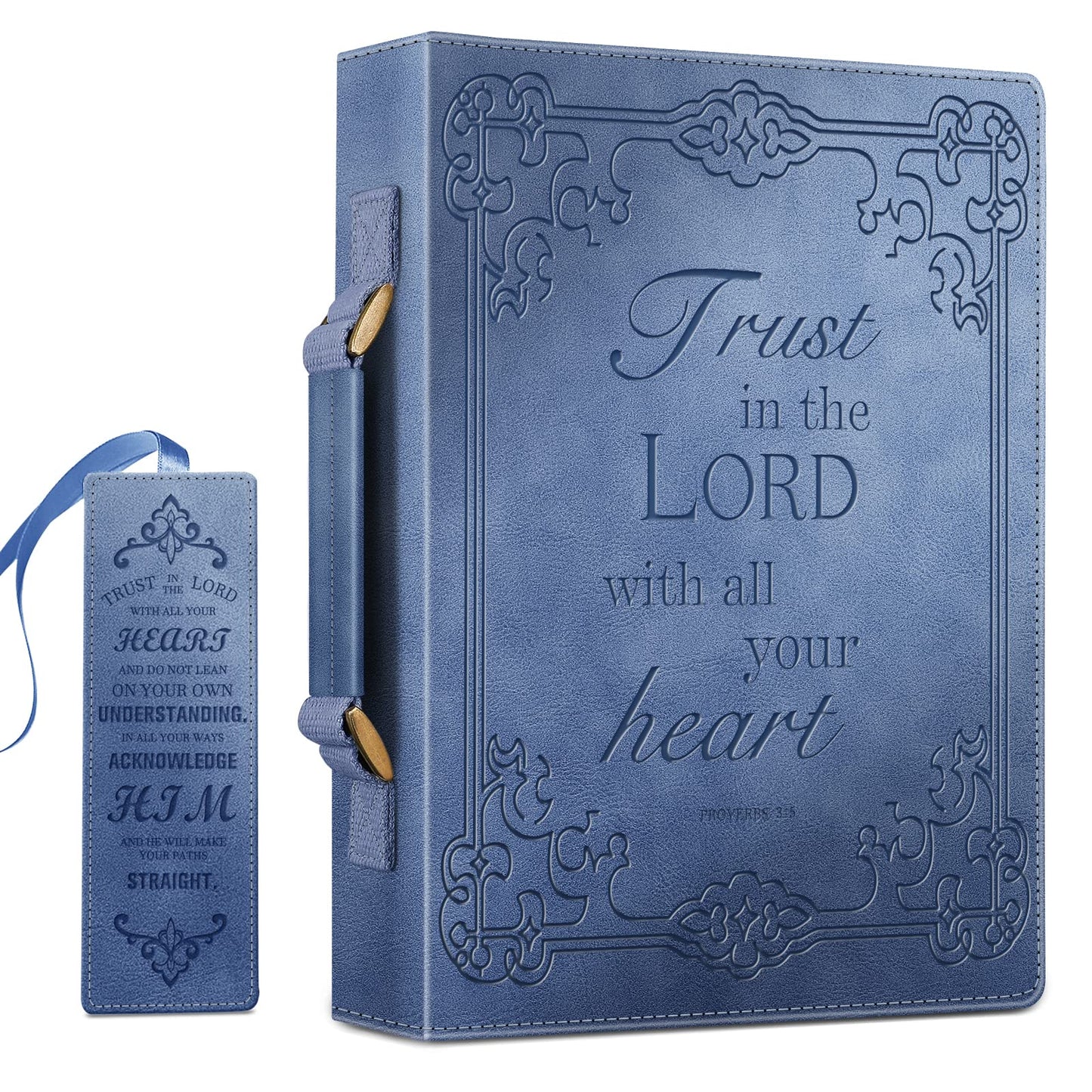 FINPAC Large Classic Bible Cover, Vegan Leather Carrying Book Case Church Bag Bible Protective with Handle, Gift for Men, Women, Blue, Medium