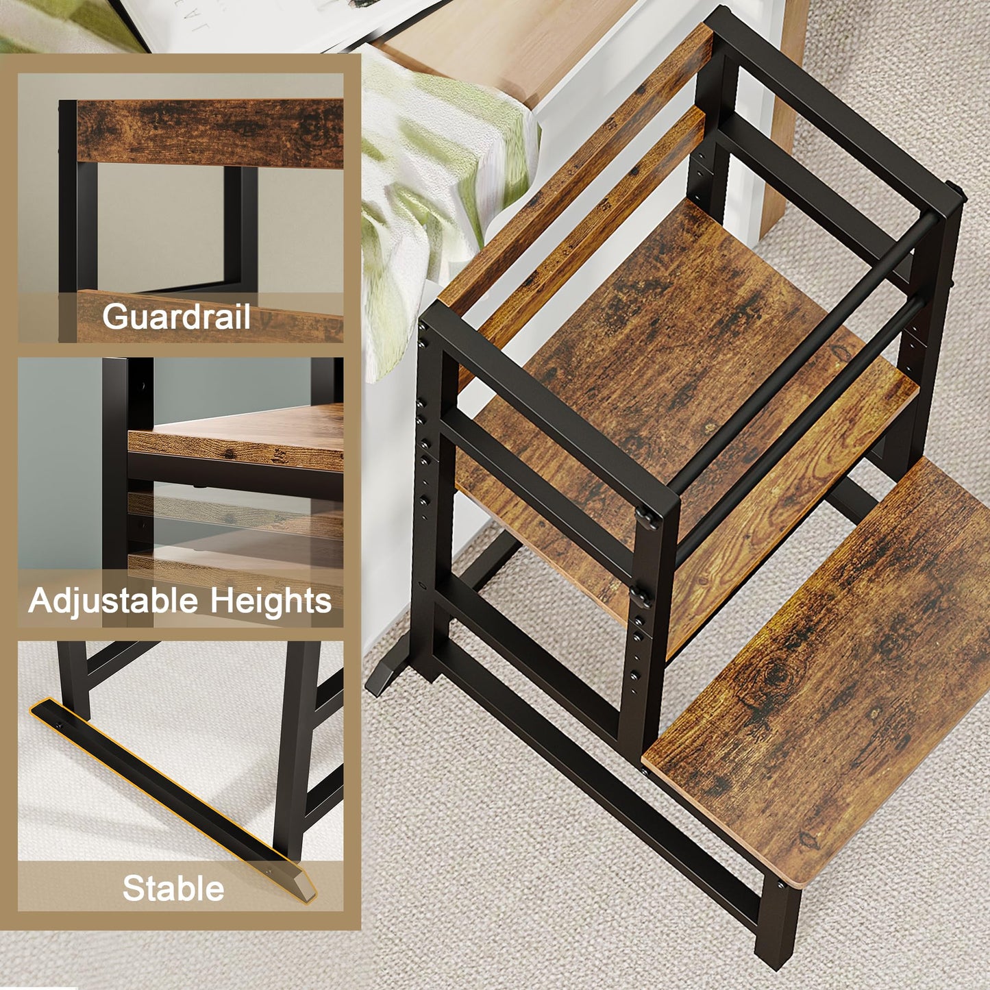 Kids Step Stool for Kitchen, Height Adjustable Toddler Tower with Safety Rail, Steel and Wood Toddler Kitchen Stool Helper Kids, Learning Tower, Nursery Helper Stand Stool