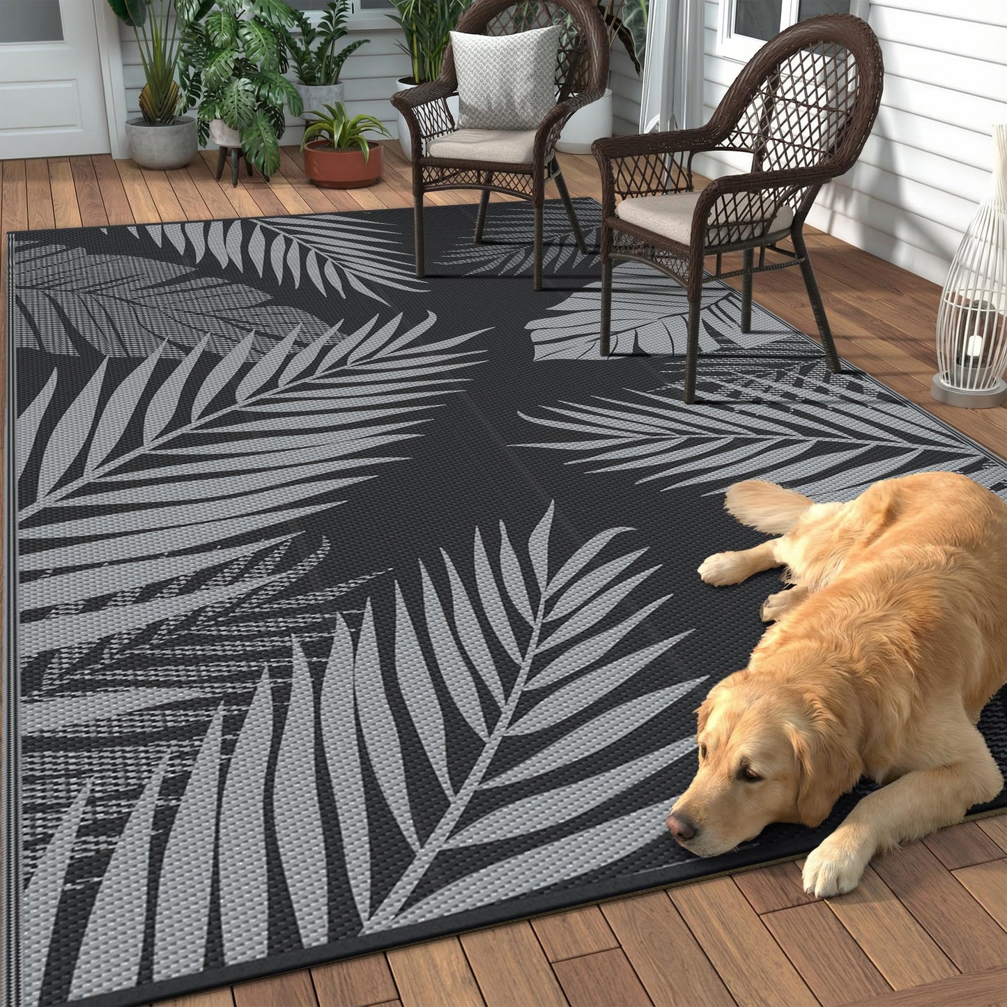 GENIMO Outdoor Rug Waterproof for Patios Clearance, Reversible Outdoor Plastic Straw Camping Rug Carpet, Large Area Rugs Mats for RV, Camper, Deck, Balcony, Porch, Backyard, Beach, Picnic. Leaf