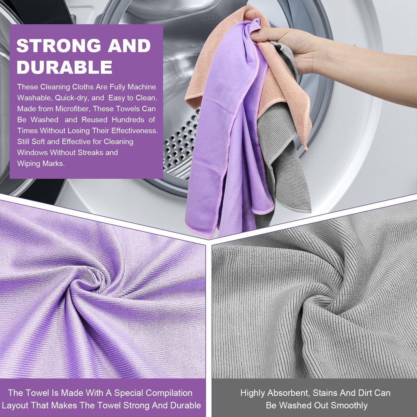 YOLOLOY Window & Enviro Cloth Set, Microfiber Cleaning Cloths, 3 Count, 12x12 inches, Purple, Grey, Pink (Solid), Lint Free