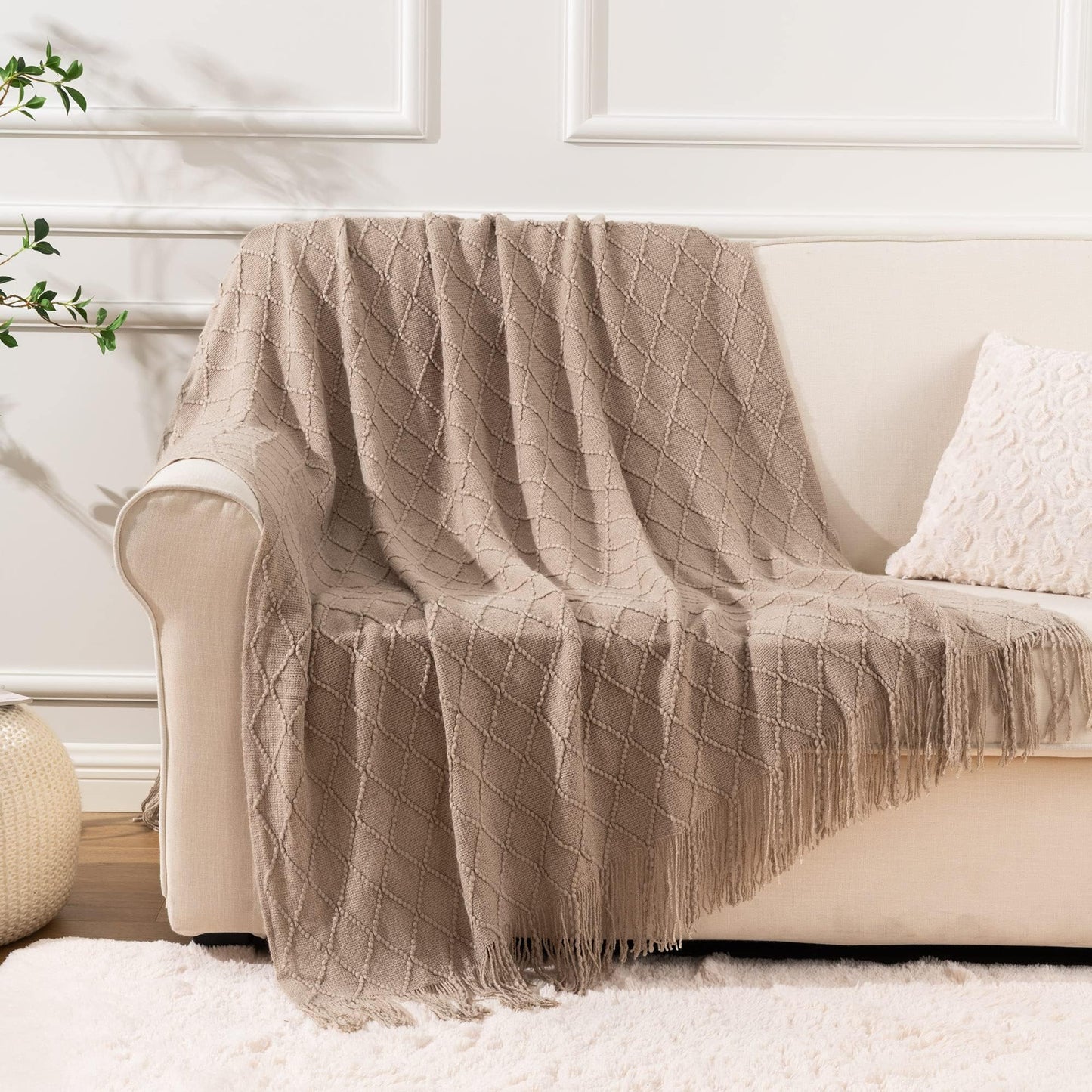 BATTILO HOME Beige Throw Blanket for Sofa Couch Office Living Room Home Decor Lightweight Textured Soft Cozy Knit Throw with Tassels Suitable All Seasons 50"x60"