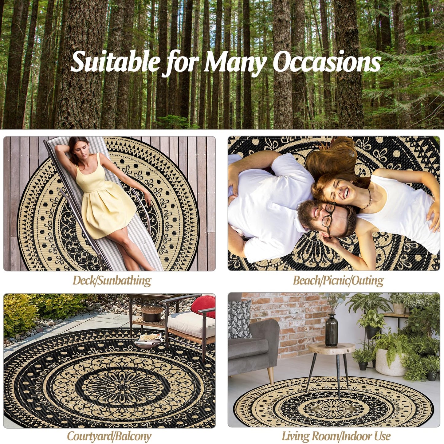 Cekene Round Outdoor Rugs for Patio 8Ft Waterproof Reversible Outdoor Patio Rugs Black Lightweight Plastic Straw Rugs Portable RV Camping Mat Floor Carpet for Deck Porch Picnic BBQ