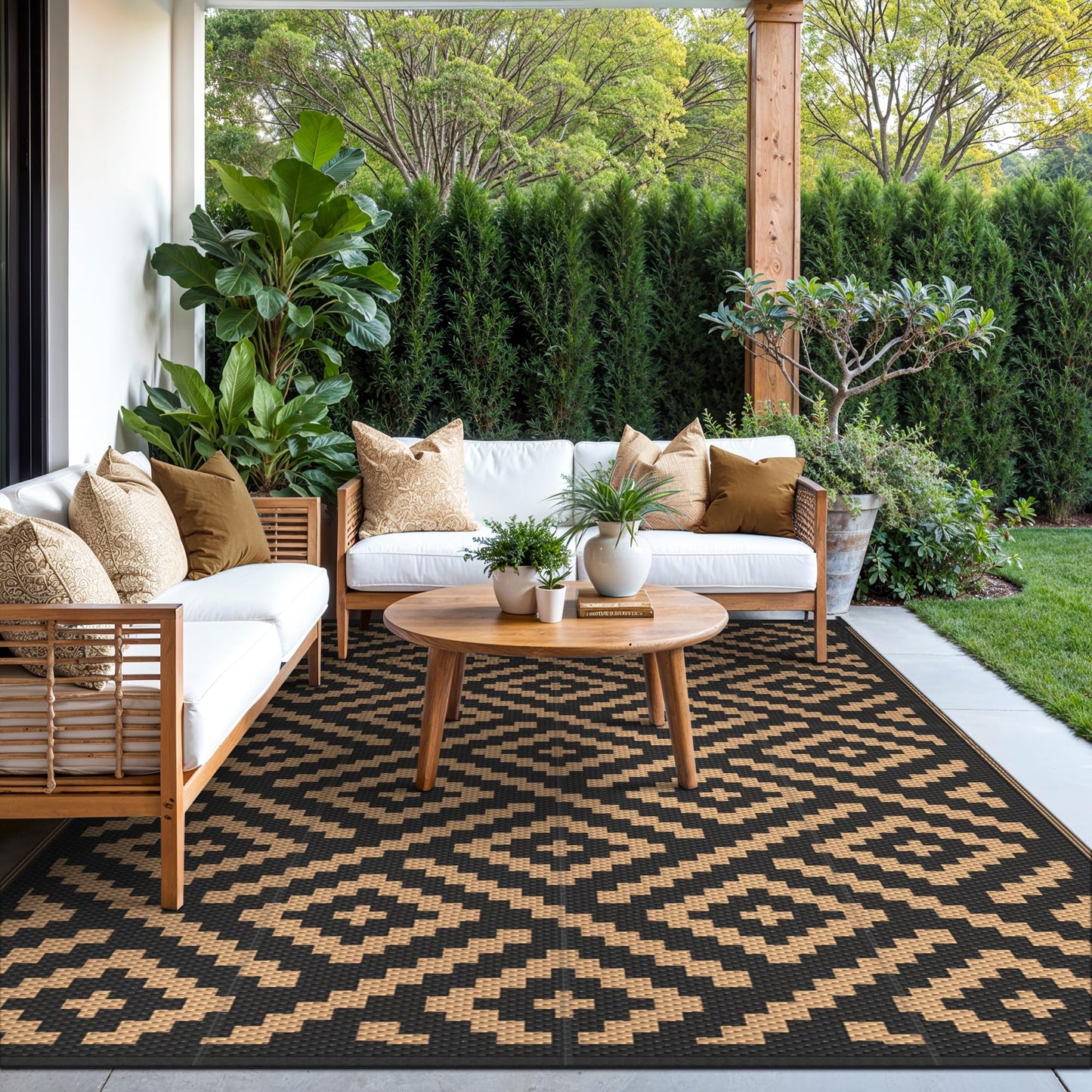 GENIMO 5'x8' Outdoor Rug Waterproof, Reversible Camping Mat, Plastic Straw Rugs for Patio, RV, Camper, Balcony, Backyard, Picnic, Deck (Black & Brown)