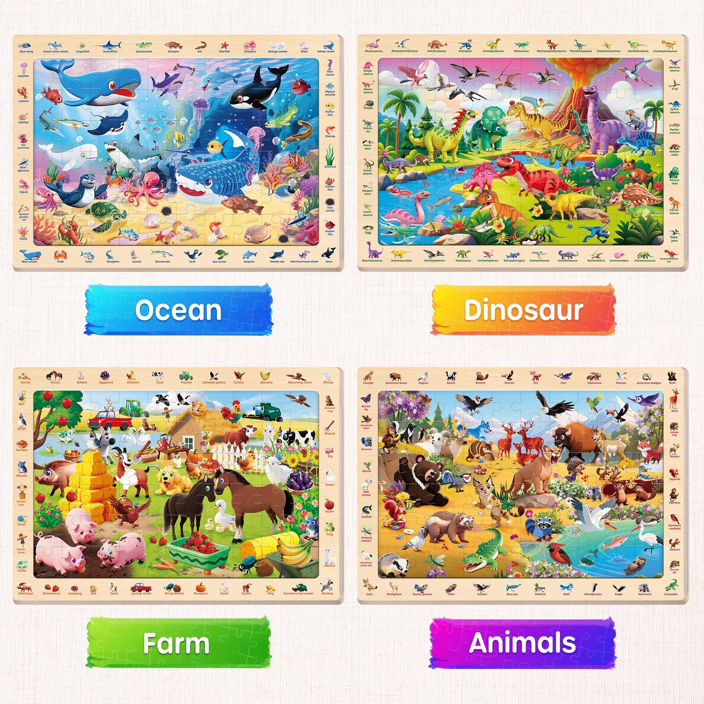 SYNARRY Wooden Dinosaur Farm Ocean Animal Puzzles for Kids Ages 4-6, 4 x 60 Piece Match & Find Puzzles for Kids Ages 3-5 Boys Girls, Preschool Educational Puzzle Toddlers Gifts for 4-8 Year Old