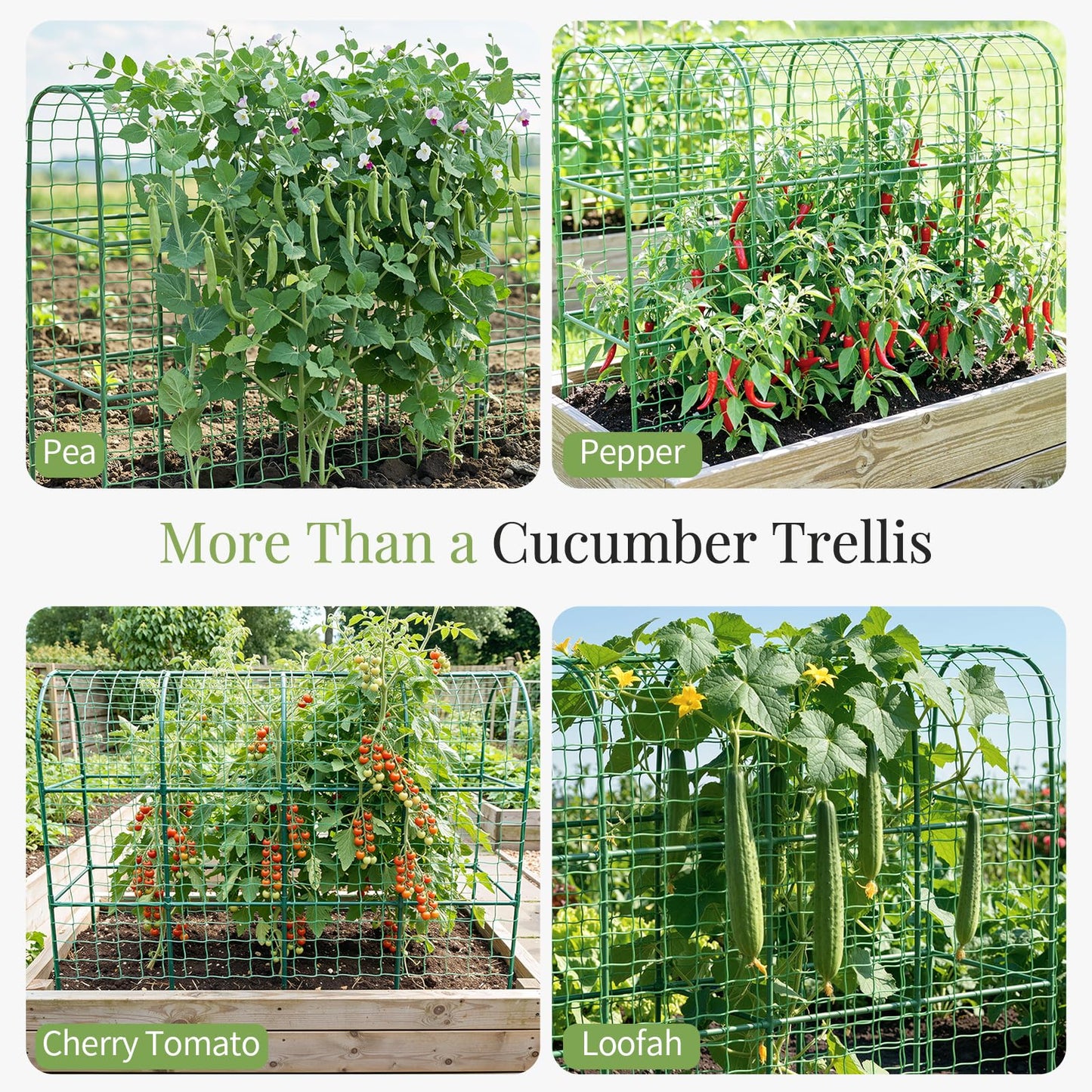 Housolution Cucumber Trellis for Raised Bed, 67"×48" U-Shape Garden Trellis for Climbing Plants Outdoors with 2×3m Net for Tomato Squash Zucchini Peas Beans Grape Fruit Flowers, Green