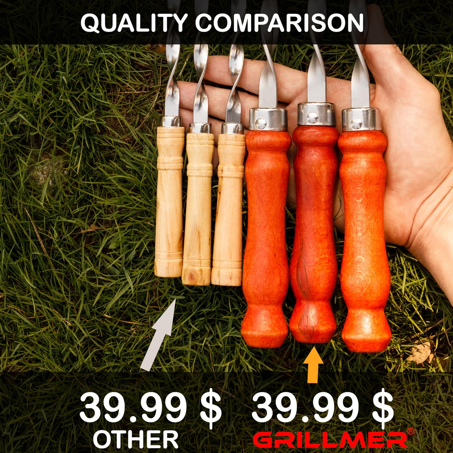 Premium BBQ Skewers with Wooden Handles 23.6" Shish Kabob Skewers Stainless Steel Long & Reusable Kabob Sticks Barbecue Skewers for Grilling Set of 10 Piece