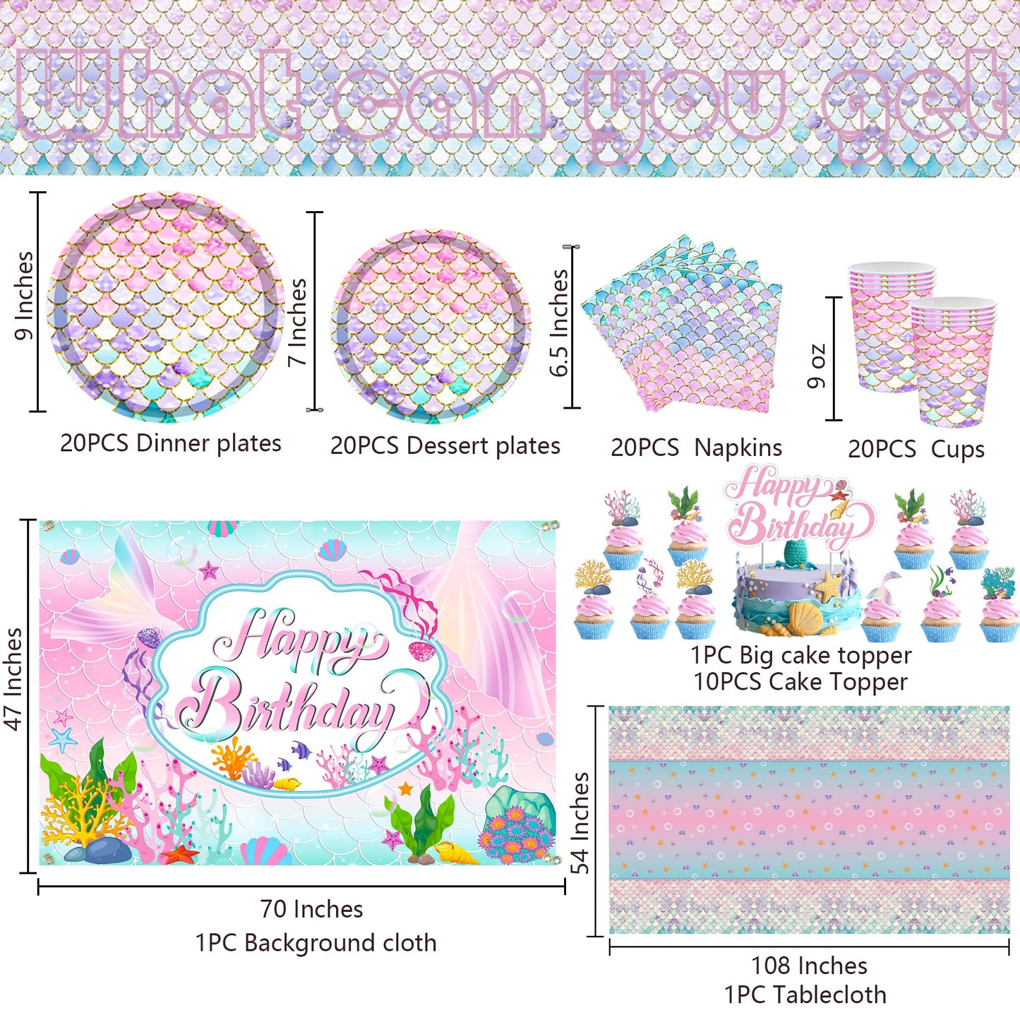 Mermaid Party Supplies, Pink Mermaid Birthday Party Decorations Including Plate, Napkin, Cup, Tablecover, Happy Birthday Backdrop, Pink Balloon Arch Kit for Girls Baby Shower, Serves 20