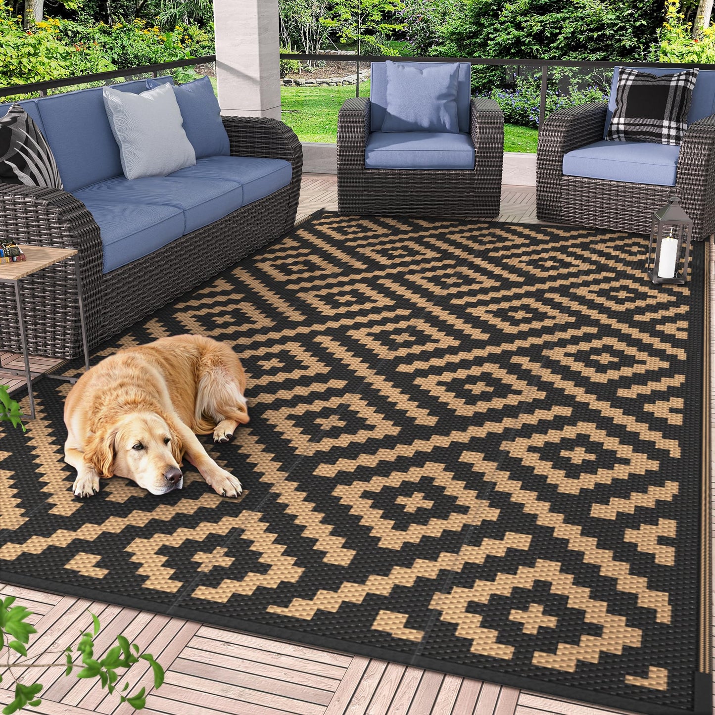 GENIMO 5'x8' Outdoor Rug Waterproof, Reversible Camping Mat, Plastic Straw Rugs for Patio, RV, Camper, Balcony, Backyard, Picnic, Deck (Black & Brown)