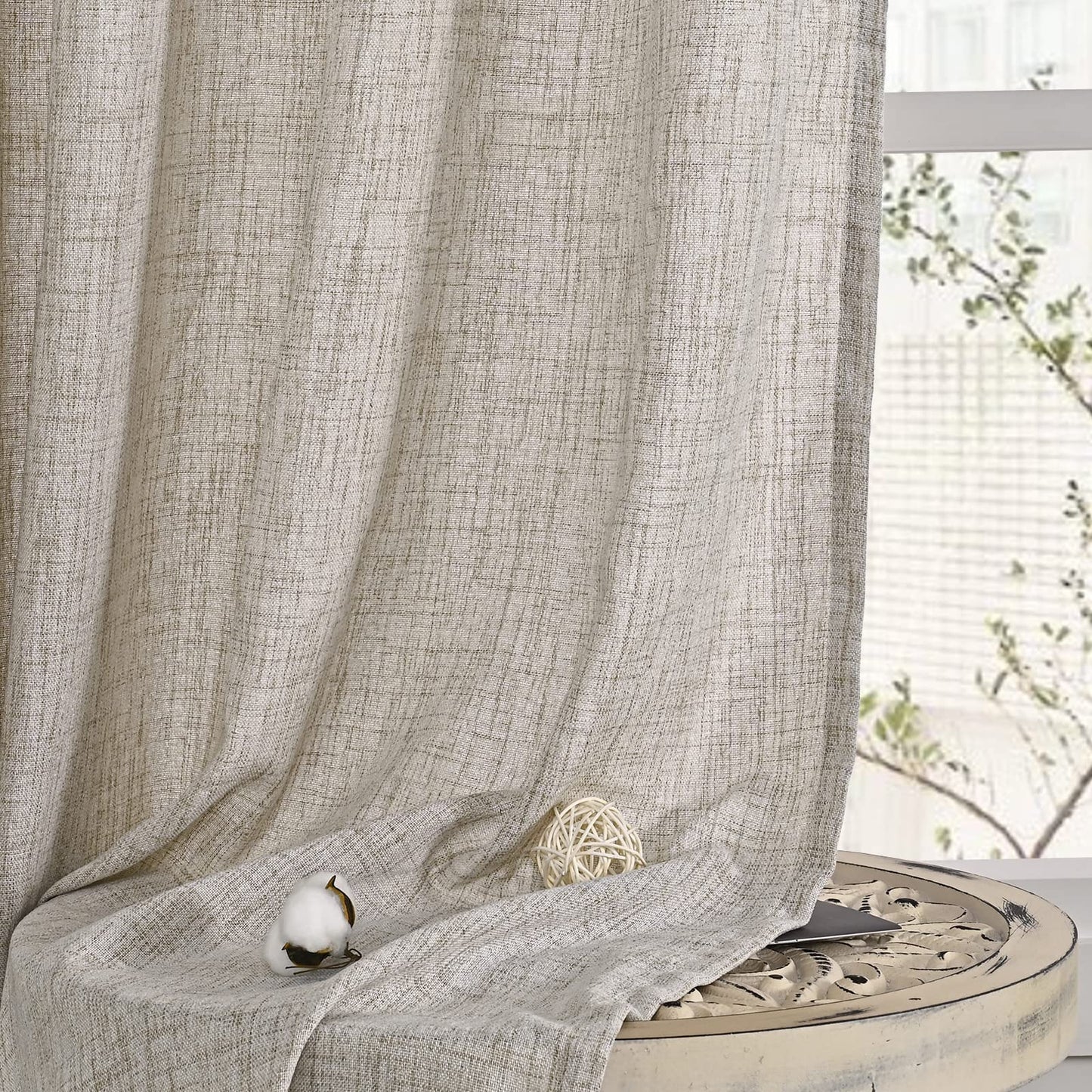 YoungsTex Natural Linen Curtains 84 Inch Long for Living Room Bedroom Grommet Top Light Filtering Privacy Linen Textured Window Semi Sheer Drapes, 2 Panels, 52x84 Inch, Natural