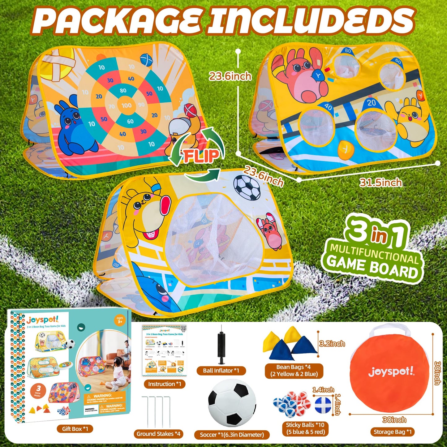 Giant 3-in-1 Bean Bag Toss Game for Kids, Toddler Toys Soccer Goal Board, Dartboard, Outdoor Outside Carnival Combo Set for Backyard Beach Lawn Party Fun, Birthday for Boys Girls 1-3 2-4 4-8