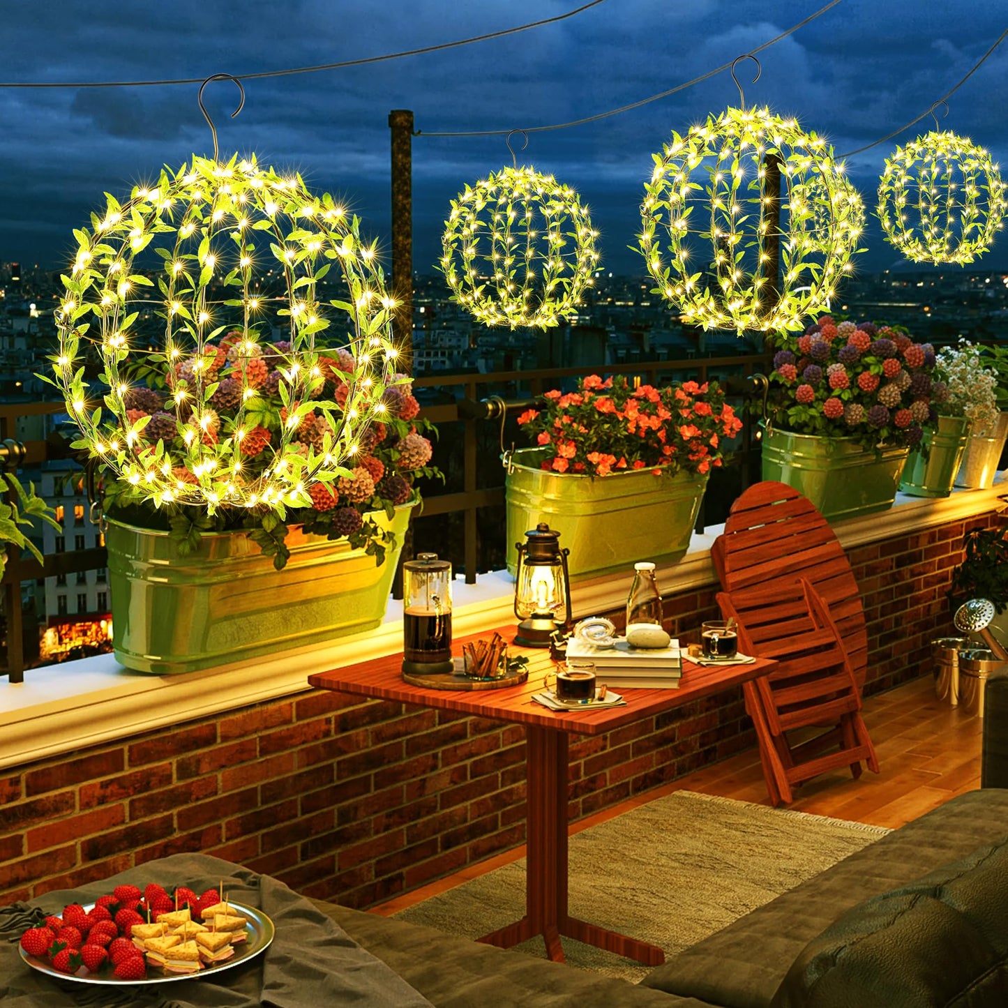 Joomer Solar Hanging Ball Lights Outdoor, 2-Pack 13in + 11in Total 264 LED Solar Globe Lights, 8 Modes Waterproof Metal Sphere Lights with Hooks for Patio Garden Decor - Warm White