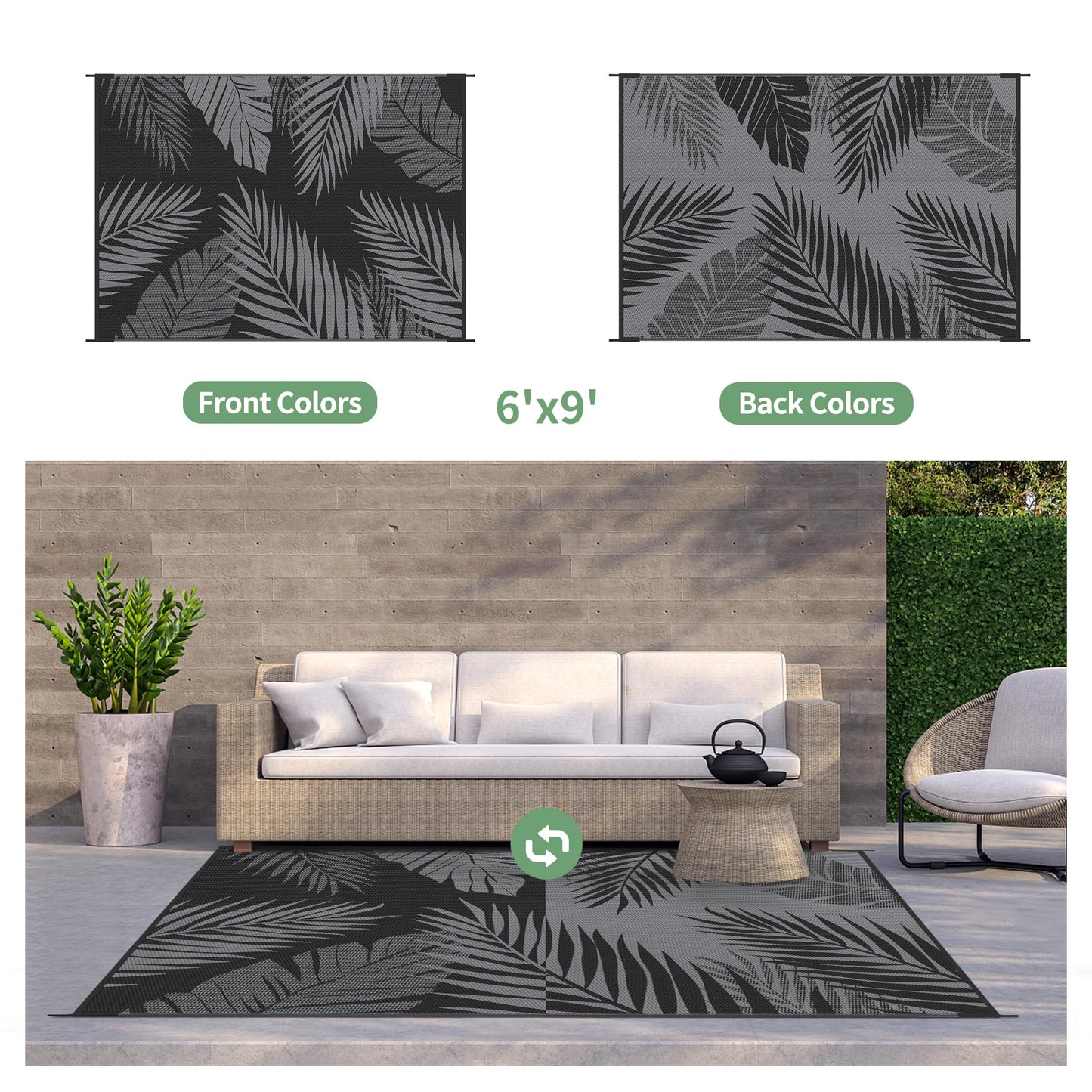 GENIMO Outdoor Rug Waterproof for Patios Clearance, Reversible Outdoor Plastic Straw Camping Rug Carpet, Large Area Rugs Mats for RV, Camper, Deck, Balcony, Porch, Backyard, Beach, Picnic. Leaf
