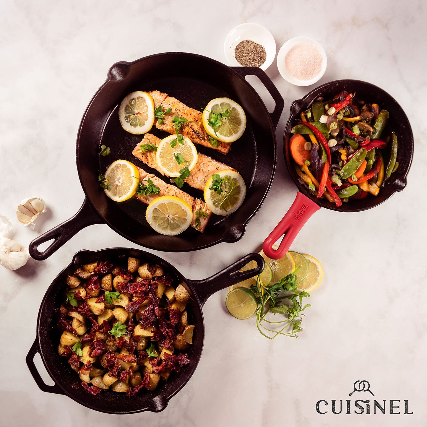 Cast Iron Skillet Set - 8" + 10" + 12"-Inch Pre-Seasoned Frying Pans + Silicone Handle Grip Covers - Indoor/Outdoor, Oven, Grill, Stovetop, BBQ, Fire and Induction Safe Kitchen and Camping Cookware
