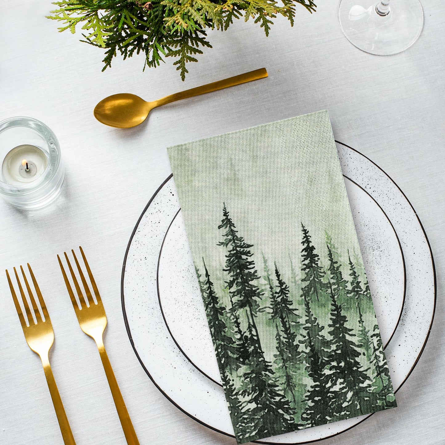 JarThenaAMCS 100Pcs Green Misty Forest Guest Napkin Woodland Disposable Paper Napkin Pine Tree Dinner Hand Towel Napkin for Home Kitchen Bathroom Holiday Party Supplies