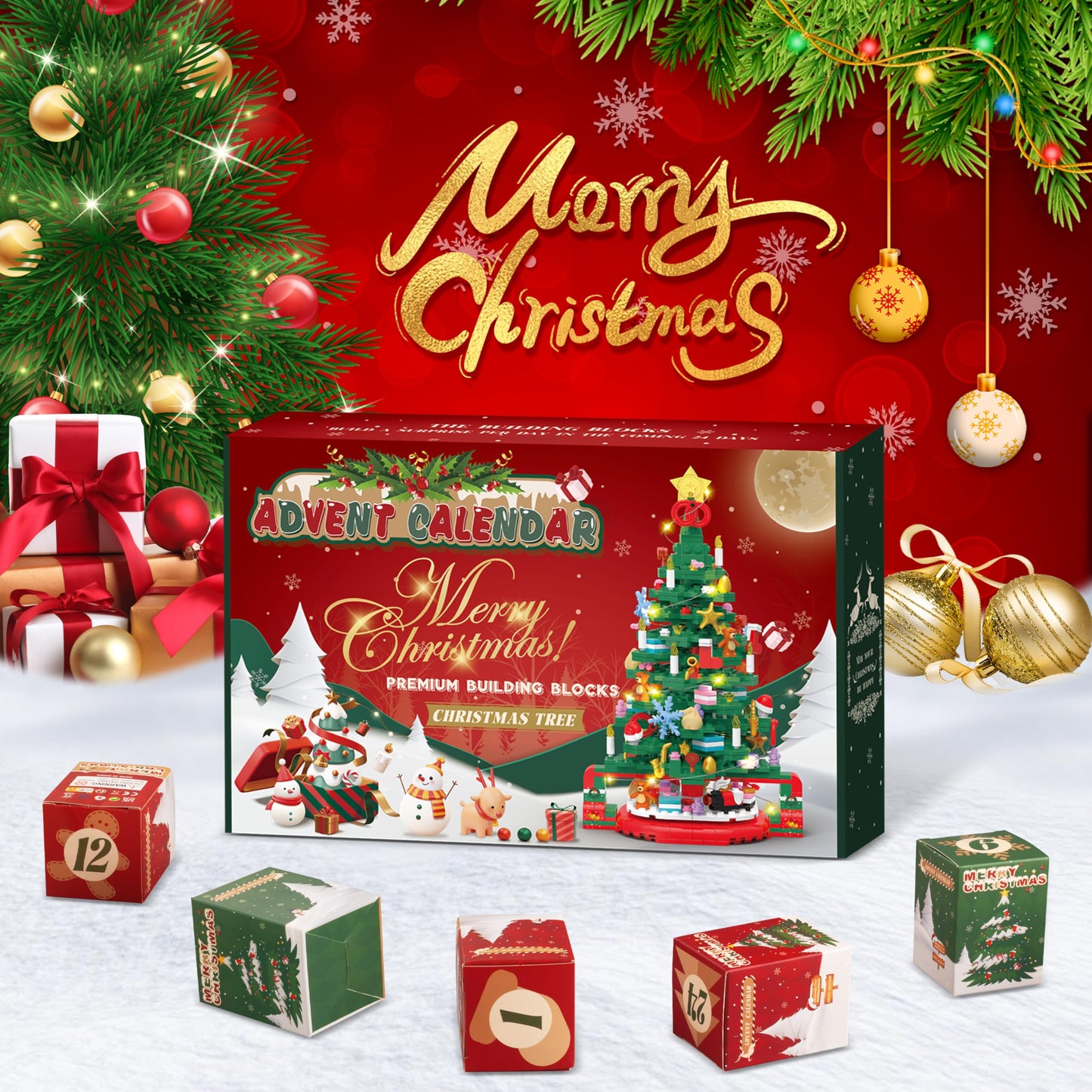 Advent Calendar 2025 Christmas Tree Building Set with LED Light, 24 Days Christmas Countdown Calendar Christmas Tree Building Blocks, Xmas Gifts for Adults Teens Kids