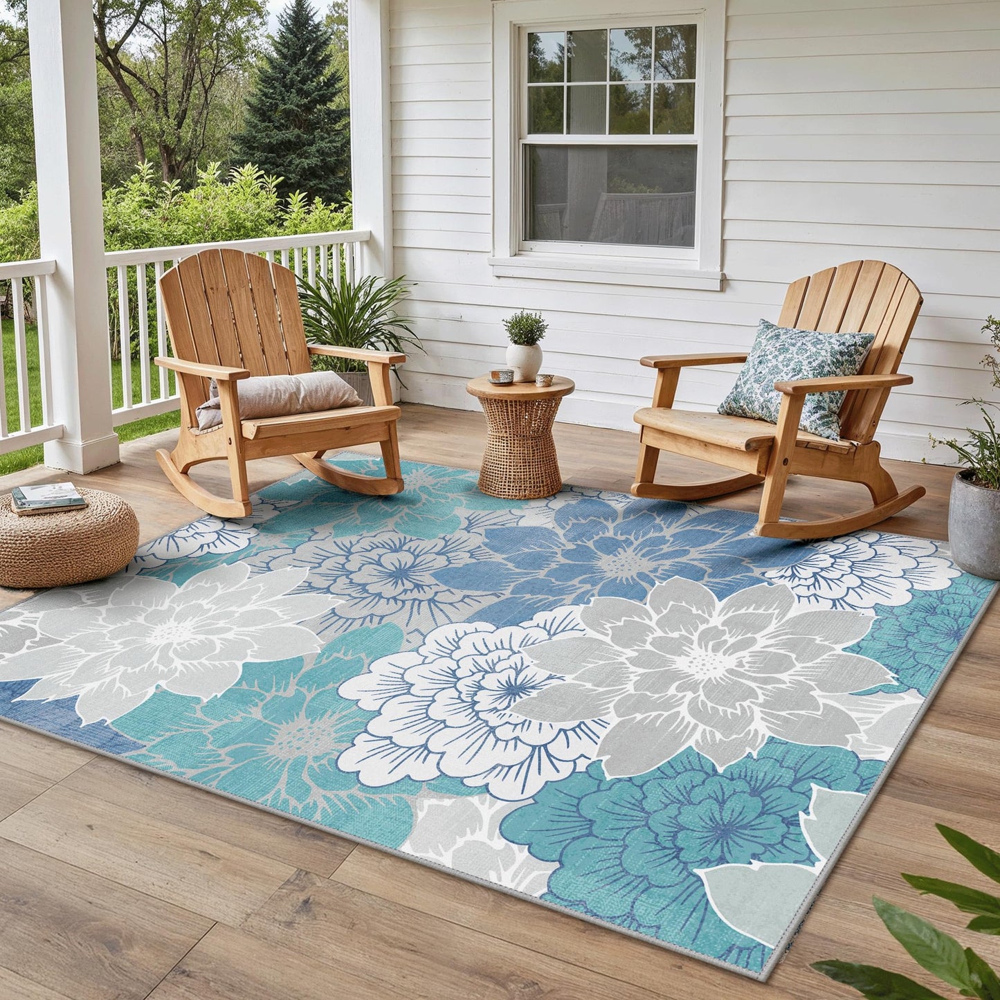GENIMO Indoor Outdoor Area Rug 5' X 7' Waterproof, Washable Patio Rug Non Shedding, Easy Cleaning Floral Outdoor Carpet for Living Room, Bedroom, Dining Room, Balcony, Backyard, Deck, RV, Light Blue