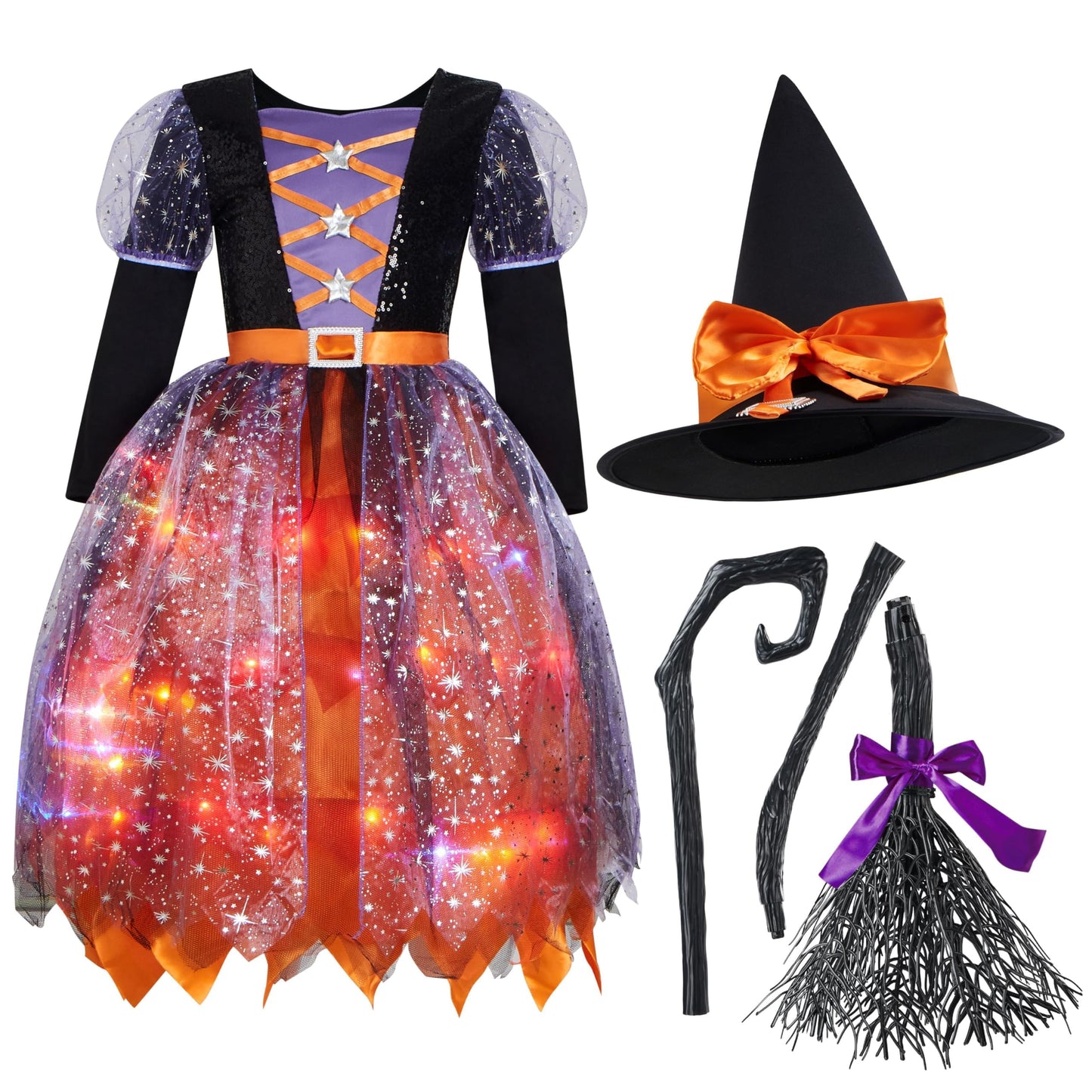 Spooktacular Creations Orange Witch Costume Kids, Light Up Halloween Witch Dress Hat Broom for Girls, Sweet Wizard Set, S