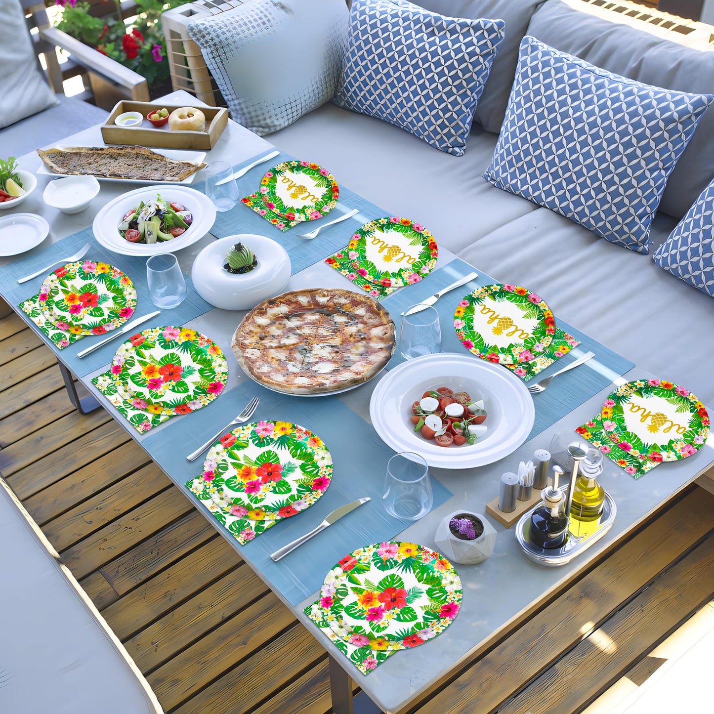 100 Pcs Hawaiian Paper Napkins Plates Tropical Luau Party Supplies 9 Inch Disposable Plates and Party Napkins Tropical Palm Leaf and Hibiscus Aloha Summer Party Tableware Set, Serve for 25 Guests