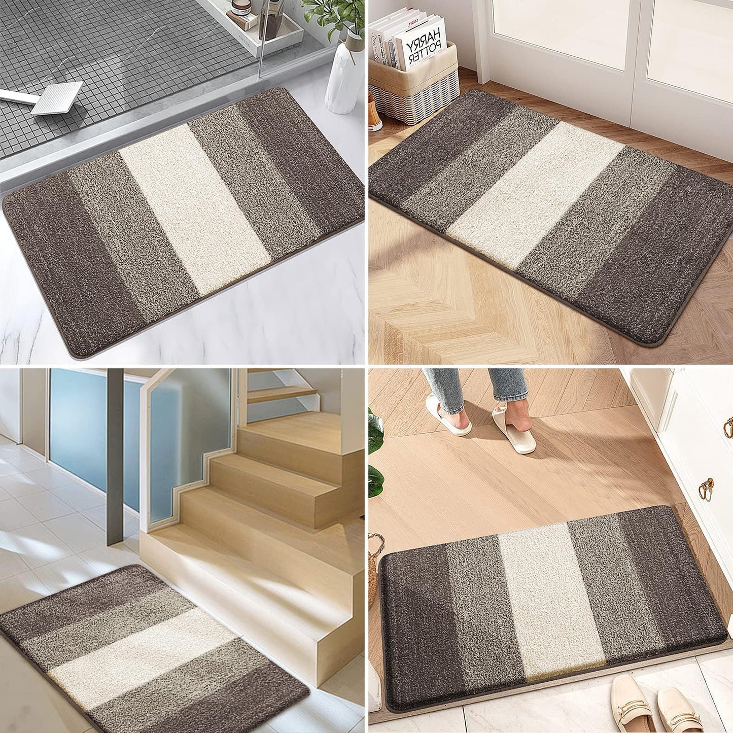 Grandaily Indoor Doormat, 35" x 59" Non-Slip Mud Trapper Absorbent Front Door Mats, Washable Striped Inside Entryway Mat, Low-Profile Welcome Mat Entrance Mat, Light Brown