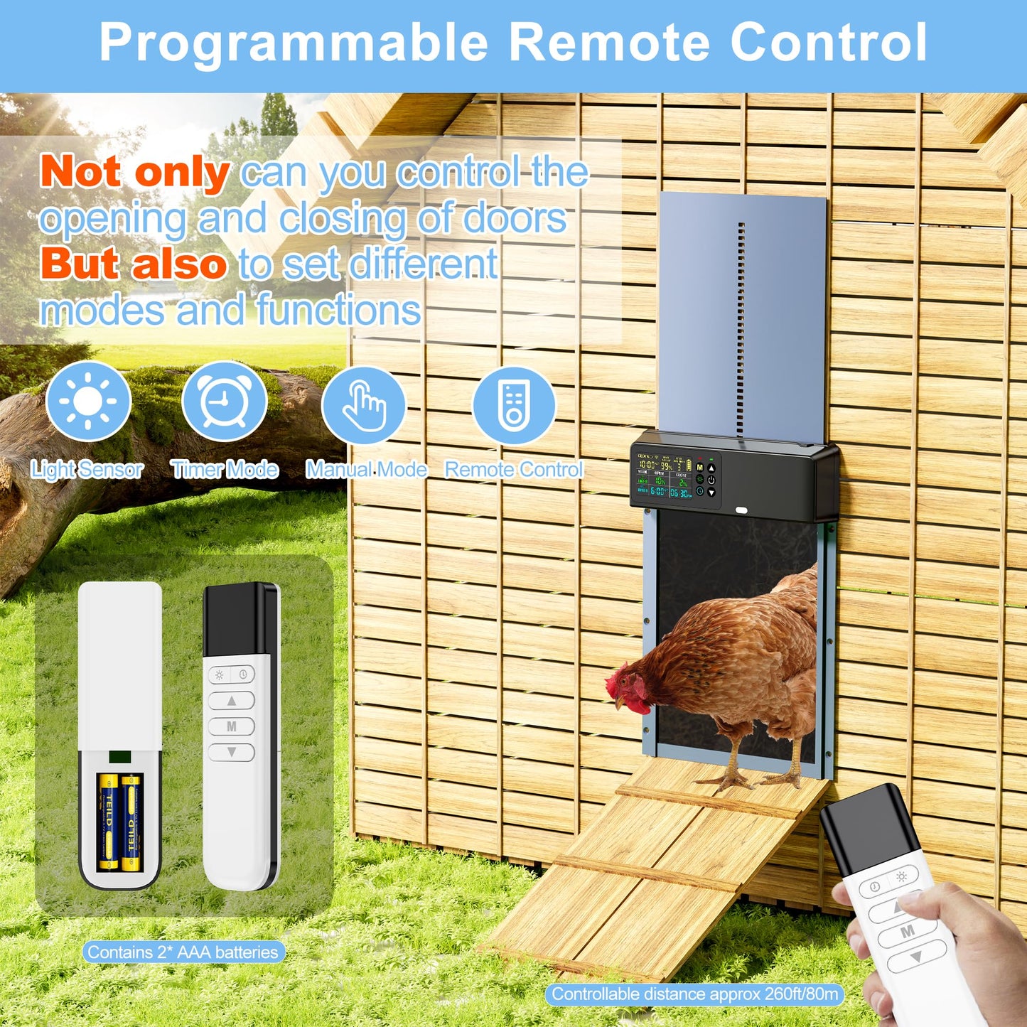 Tiflev Automatic Chicken Coop Door Solar Powered with Programmable Remote, 4 Modes Combo Light and Timer Aluminum Chicken Door with LCD Color Display