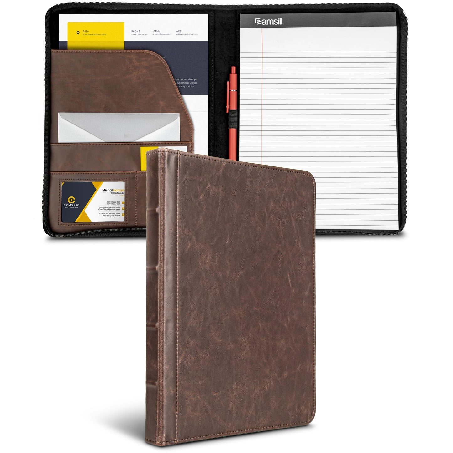 Samsill 70836 Vintage Hardback Portfolio with Zippered Closure, 8.5 inch x 11 inch Writing Pad, Dark Brown