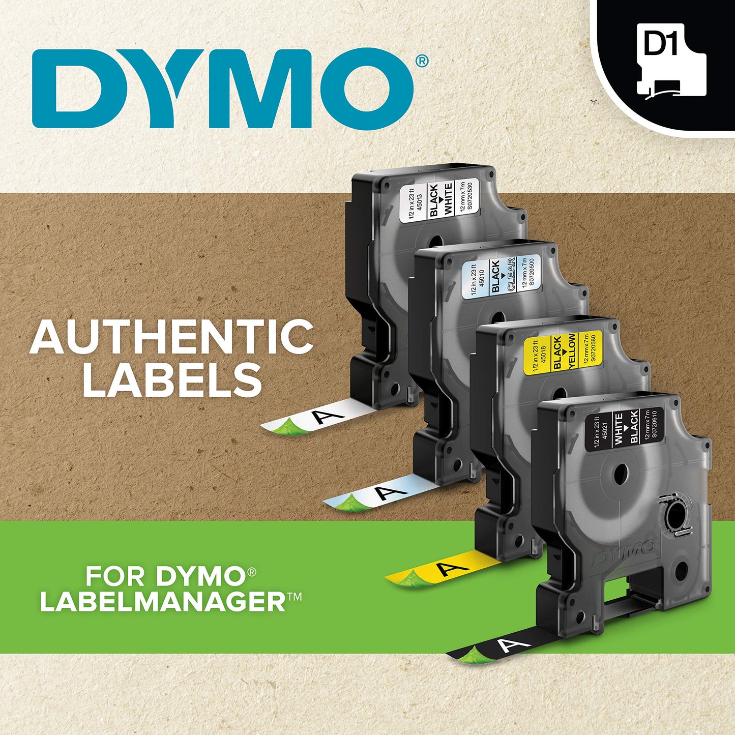 DYMO D1 Standard Labels for LabelManager Label Makers, 1/2" x 23-Foot, Black Print on White Tape, Self-Adhesive, 1 Cartridge