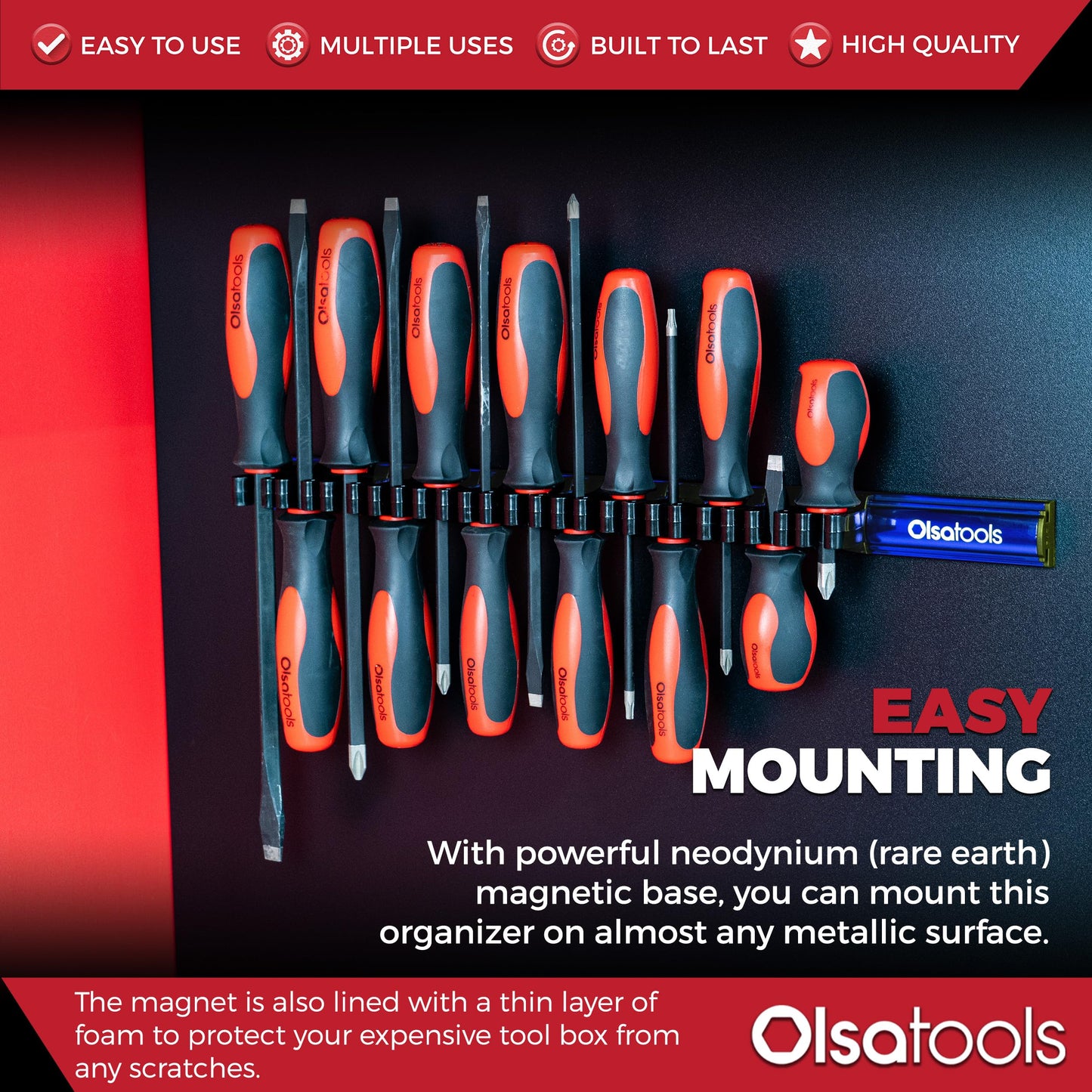 Olsa Tools Magnetic Screwdriver Organizer - Professional Quality Magnetic Tool Holder - Fits up to 16 Screwdrivers - Blue - Part: 1114