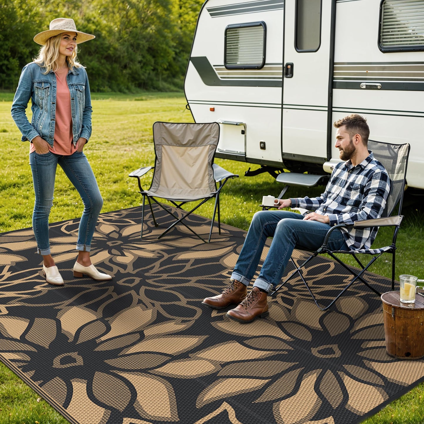 GENIMO Outdoor Rug Waterproof for Patio Decor, Reversible Plastic Straw Floral Camping Carpet, Large Area Rug Mat for RV, Camper, Deck, Balcony, Porch, Beach, Picnic