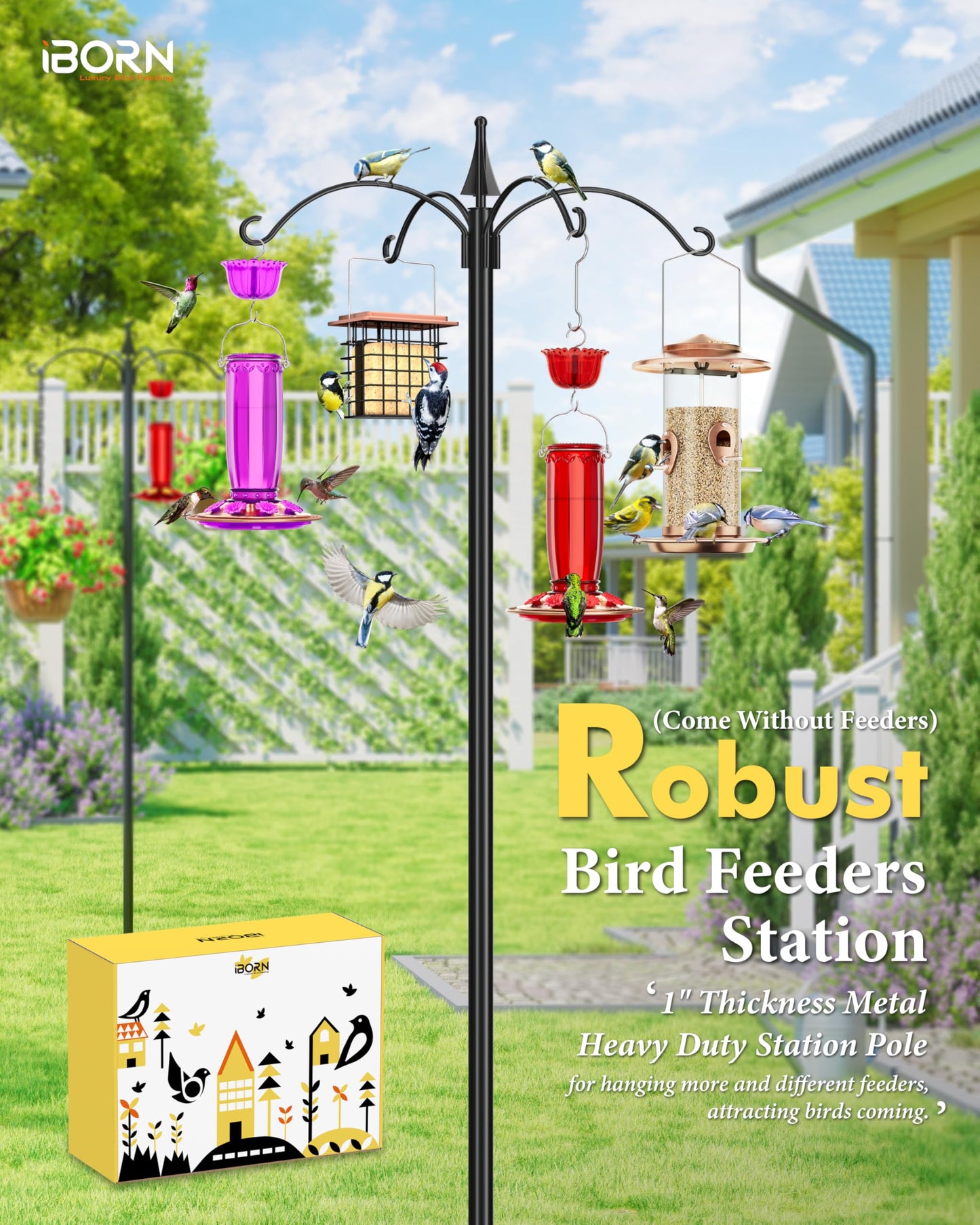 iBorn 1“ Thickness Shepherds Hooks for Outdoor Bird Feeder Pole 78" Height Wild Bird Feeder Stand Shepherds Hook for Hummingbird Feeder, 4 Top Hooks,5 Base Prongs (Feeders NOT Included)