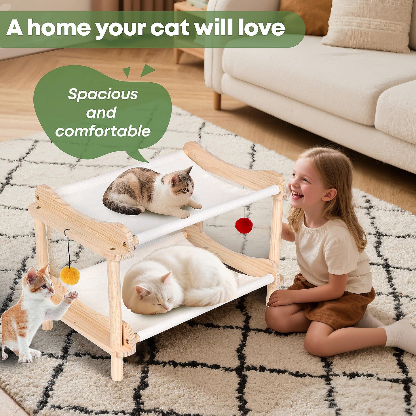 MITREL Large 2-Layer Cat Hammock Bed, 24"x15.7"x16.3" Elevated Cat Bed with Pine Wood Frame, Breathable Washable Covers, Wooden Pet Furniture for Indoor Cats and Small Animals