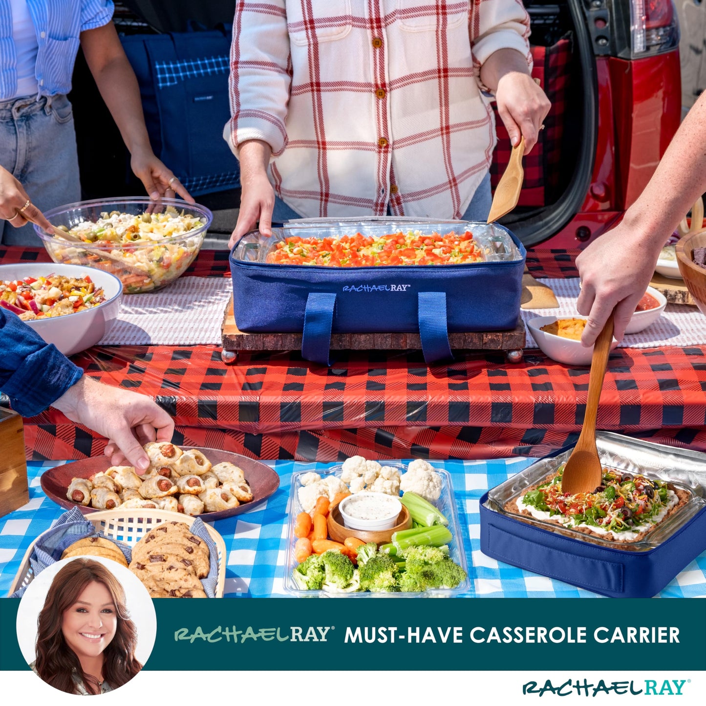 Rachael Ray Lugger Duo, Insulated Casserole Carrier for Hot or Cold Food, Thermal Lasanga Lugger Tote for Pockluck, Parties, Picnic, and Cookouts, Fits 9" x 13" Baking Dish, Navy Gingham
