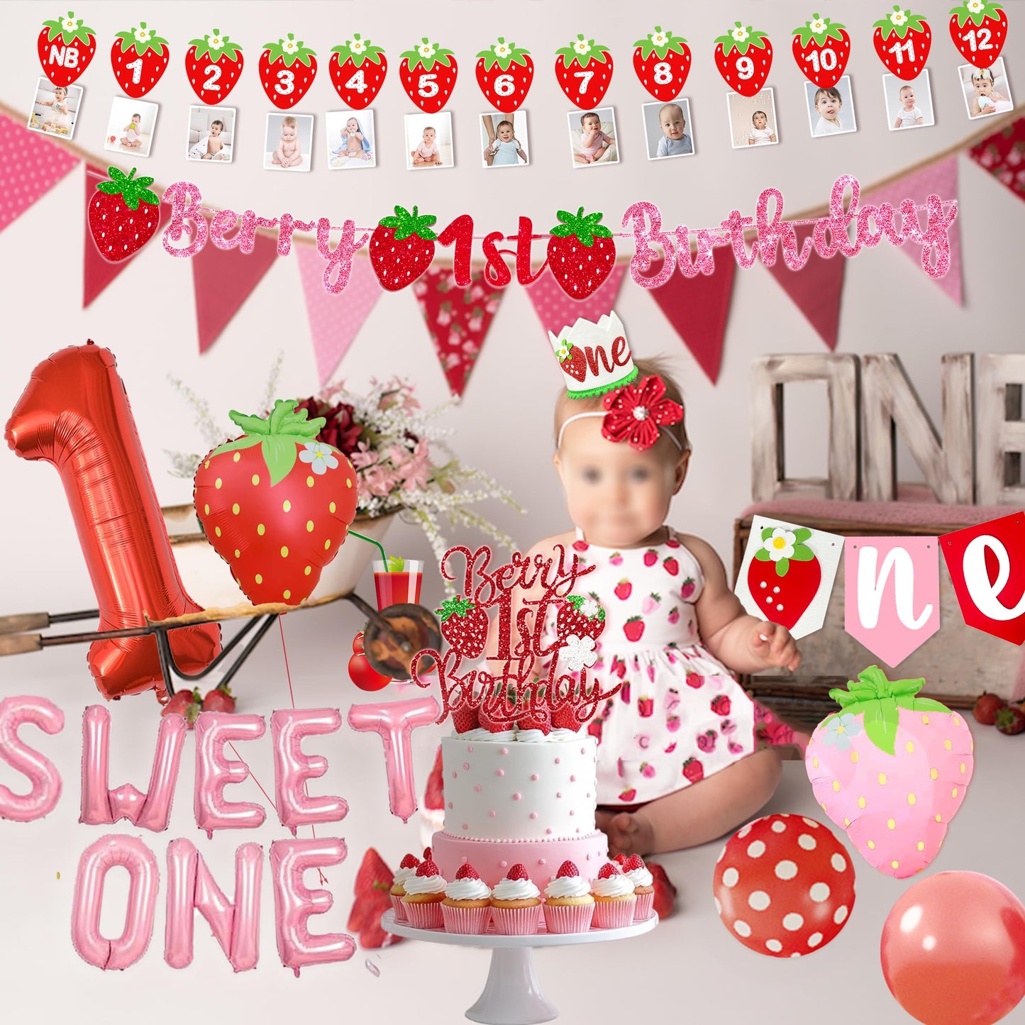 Berry First Birthday Decorations Strawberry 1st Decorations for Girls Sweet One Strawberry Decor Party Supplies include Photo Banner Highchair Banner Backdrop Tableware Set