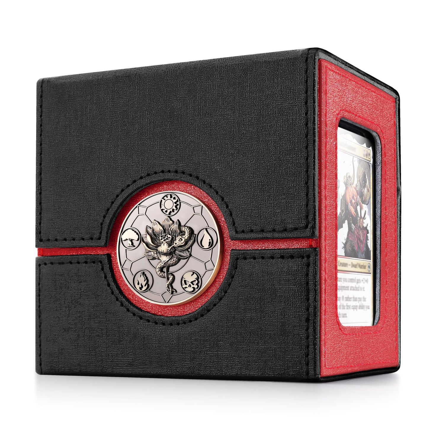 Kabinka Commander Deck Box for MTG with Metal Emblem, Card Deck Box with Dice Tray, Holds 100 Double-Sleeved Cards for TCG/PTCG, Cards Storage Case, 35PT Magnetic Card Holder (Black& Red, Lotus)