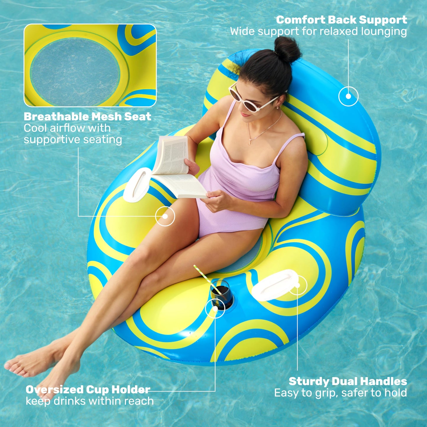 Sloosh Inflatable Pool Float Lounger - River Tube Floating Chair Sofa with Big Backrest, Blow Up Floaties Lake Raft Lounge with Mesh Bottom Handle Cup Holder Pool Party Toys for Adults (Blue Yellow)