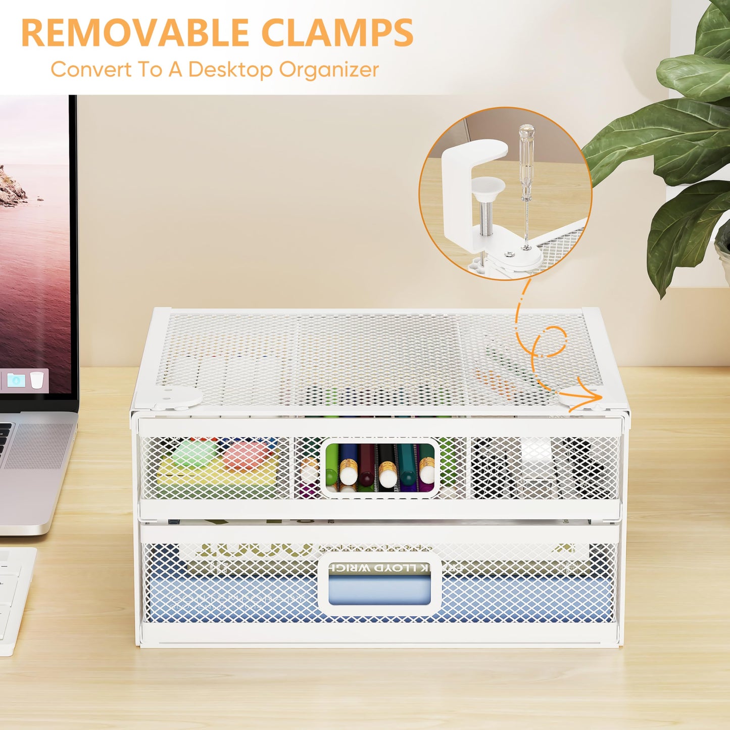 ROLIZOE Under Desk Drawer Organizer Clamp On with 2 Drawers Slide Out No Drilling Mesh Metal Drawer On Desktop Or Under Desk Storage Easy Install Anti-Slip Under Shelf Storage for Home Office, White