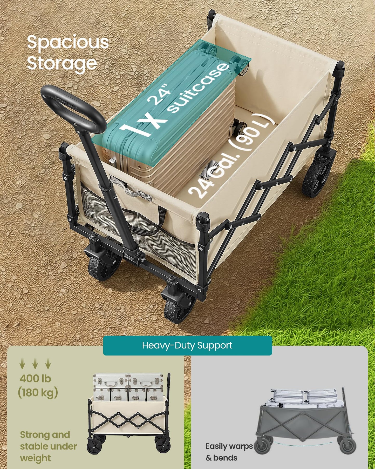 SONGMICS Collapsible Wagon, Foldable Wagon Cart, Folding Camp Cart with Wheels, for Outdoor, Yard, 180 kg Dynamic Weight Capacity, 90 L, Sand Beige UGFW909LF01