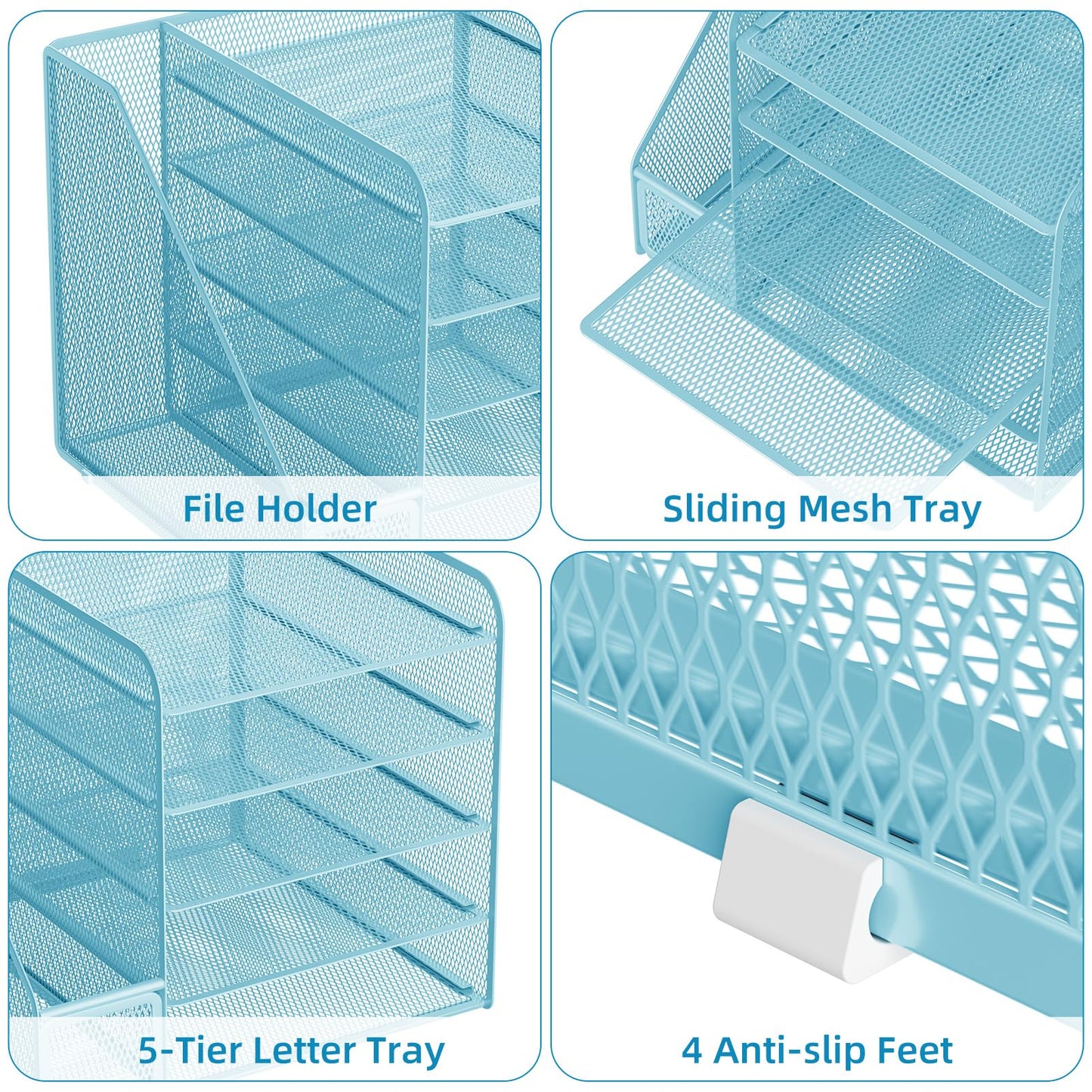 Marbrasse Desk Organizer with File Holder,5-Tier Paper Letter Tray,Metal Mesh Desk Organizers and Accessories,Organization and Storage for School, Home, Office(Blue)