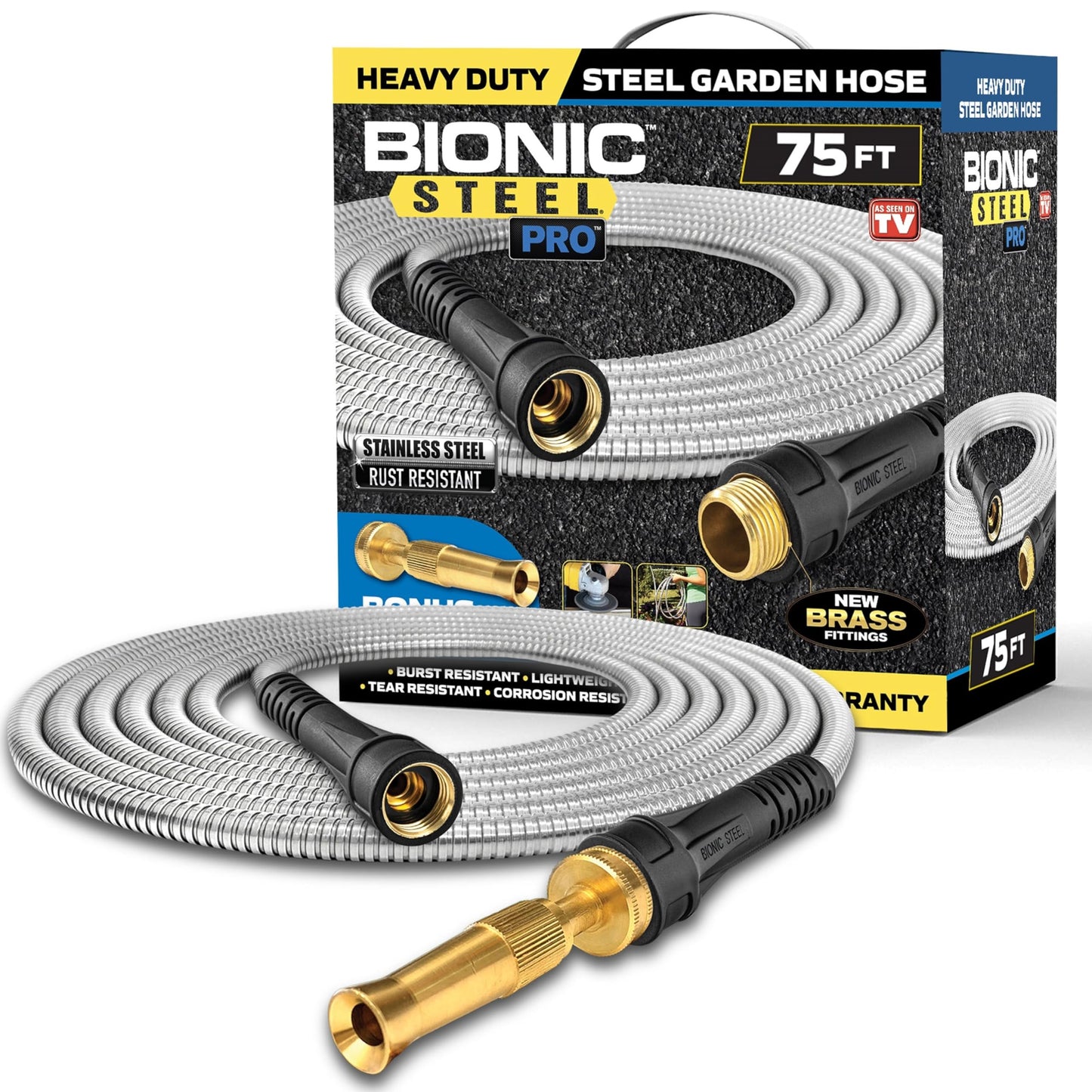 Bionic Steel Pro Metal Garden Hose 75 Ft, Rust Proof 304 Stainless Steel Water Hose with Brass Fittings, Flexible & Heavy Duty Hose, Lightweight, Kink Free & Easy Coil Outdoor Hose- 2021 Model