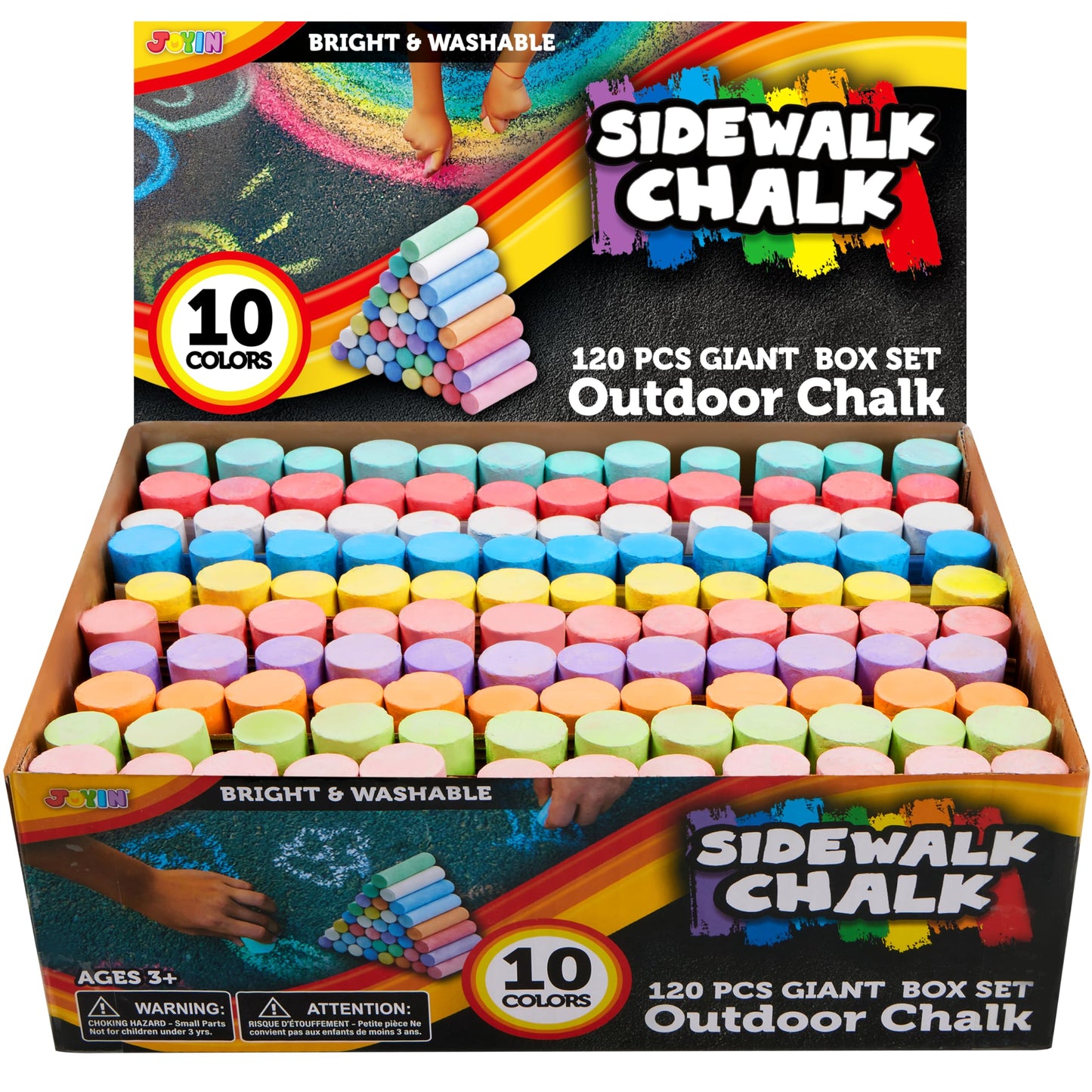 Joyin Toy 120 Pack Giant Box Non-toxic Jumbo Washable Sidewalk Chalk Set in 10 Colors (120 Pieces)