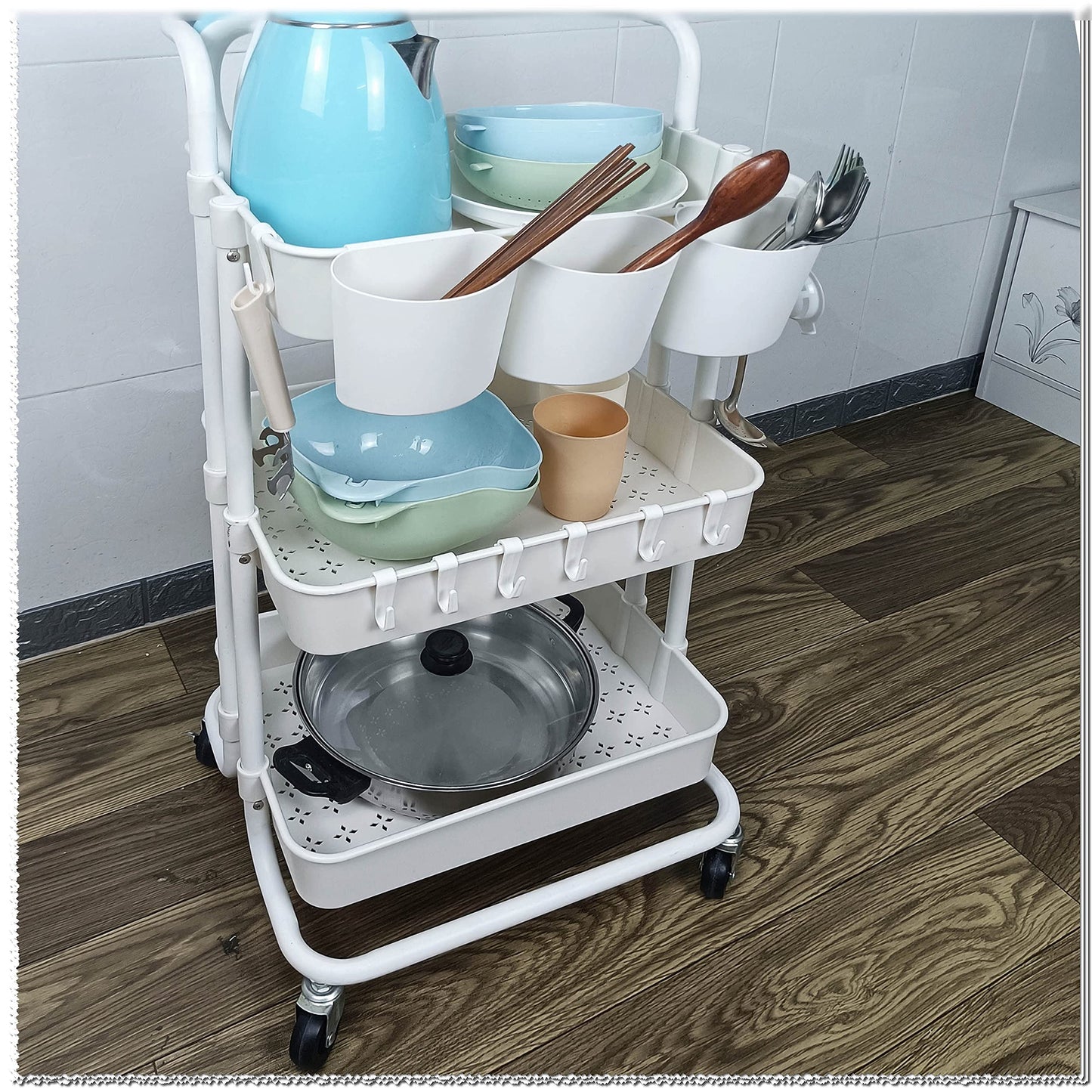 Freletry 3 Tier Rolling Utility Cart Multifunction Storage Organizer Shelf Rack with Lockable Wheels 3PCS Cups and 8PCS Hooks for Home Office Kitchen Bathroom Store (White)
