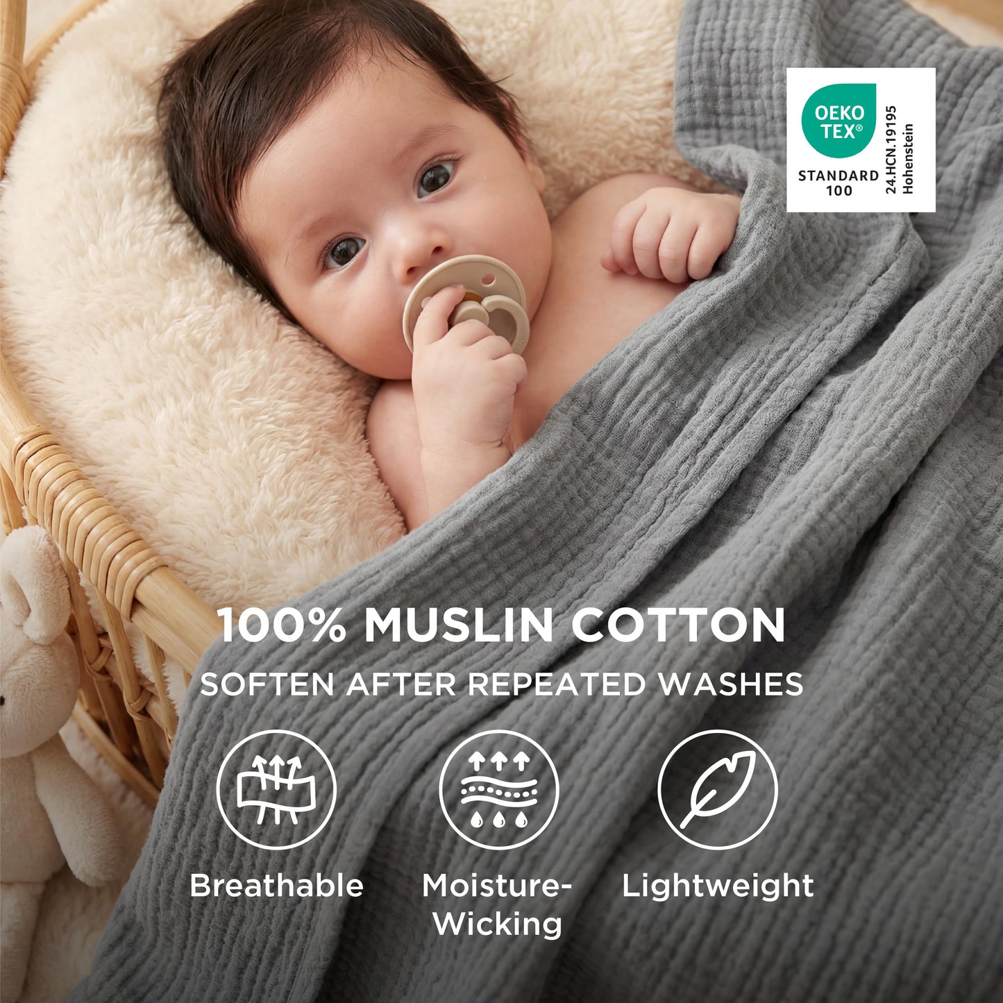 Bedsure 100% Cotton Muslin Throw Blanket - King Size for Bed, 4-Layer Breathable and Lightweight Thin Soft Summer Gauze Muslin Blanket for Adults, Grey, 108x90 Inches