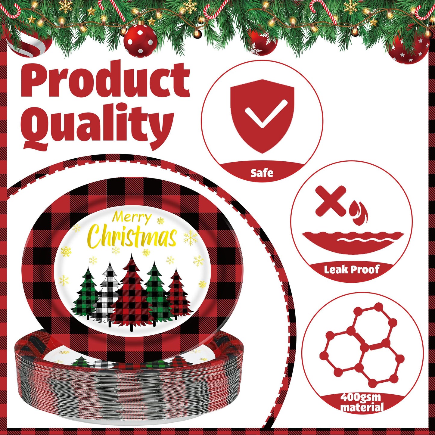 Christmas Paper Platters Disposable Christmas Trees Oval Party Plates 10" x 12" Large Buffalo Plaid Xmas Dinner Serving Platters for Xmas Party Supplies Dinnerware Table Decorations, 50 Pcs